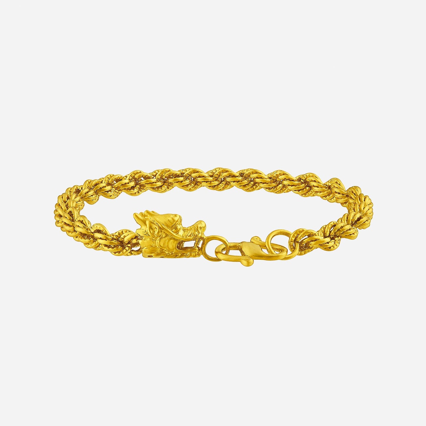 dragon rope chain bracelet in 24k yellow gold with intricate rope design and sculpted dragon clasp.