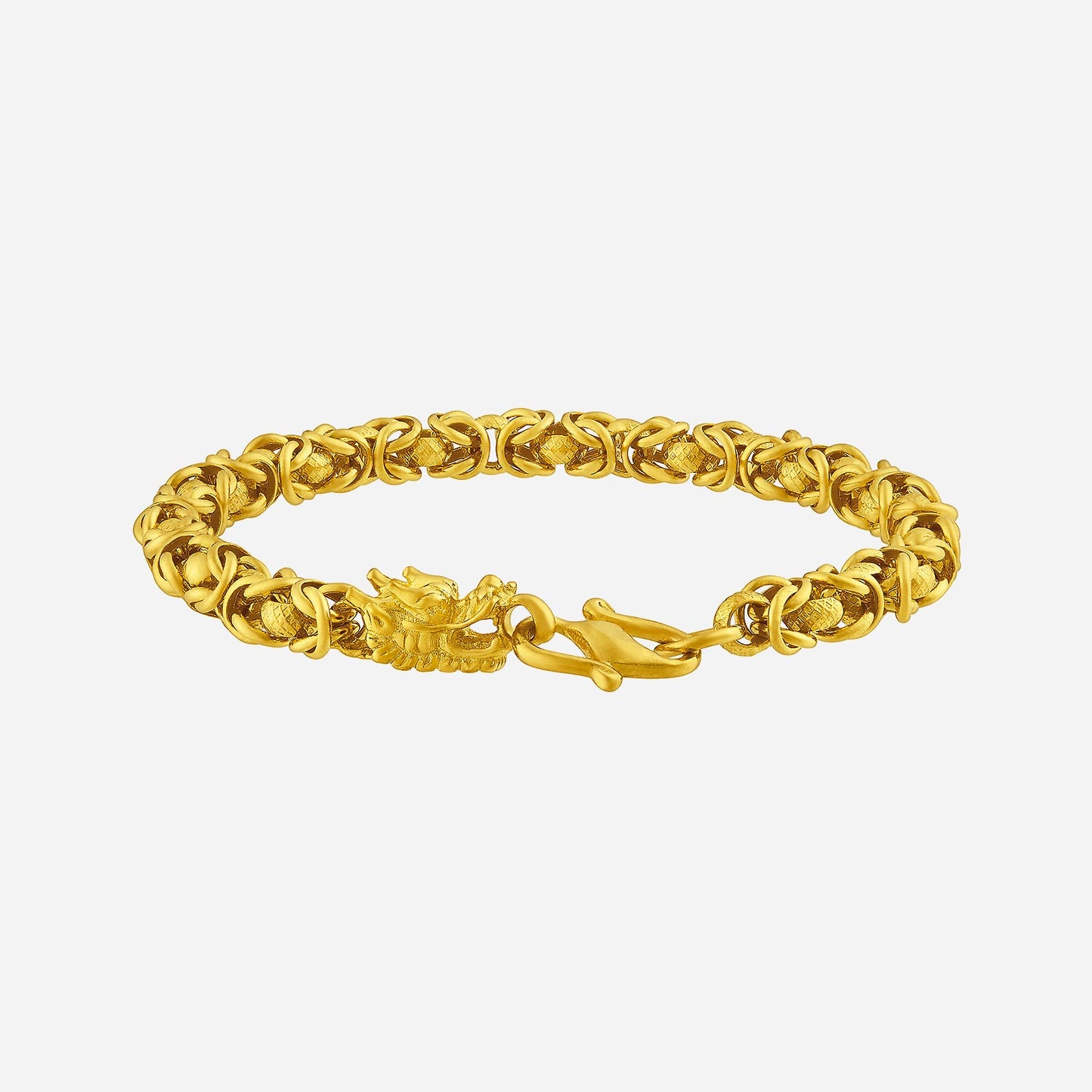 24k yellow gold dragon chain bracelet with intricate links and a dragon clasp, combining strength and beauty.
