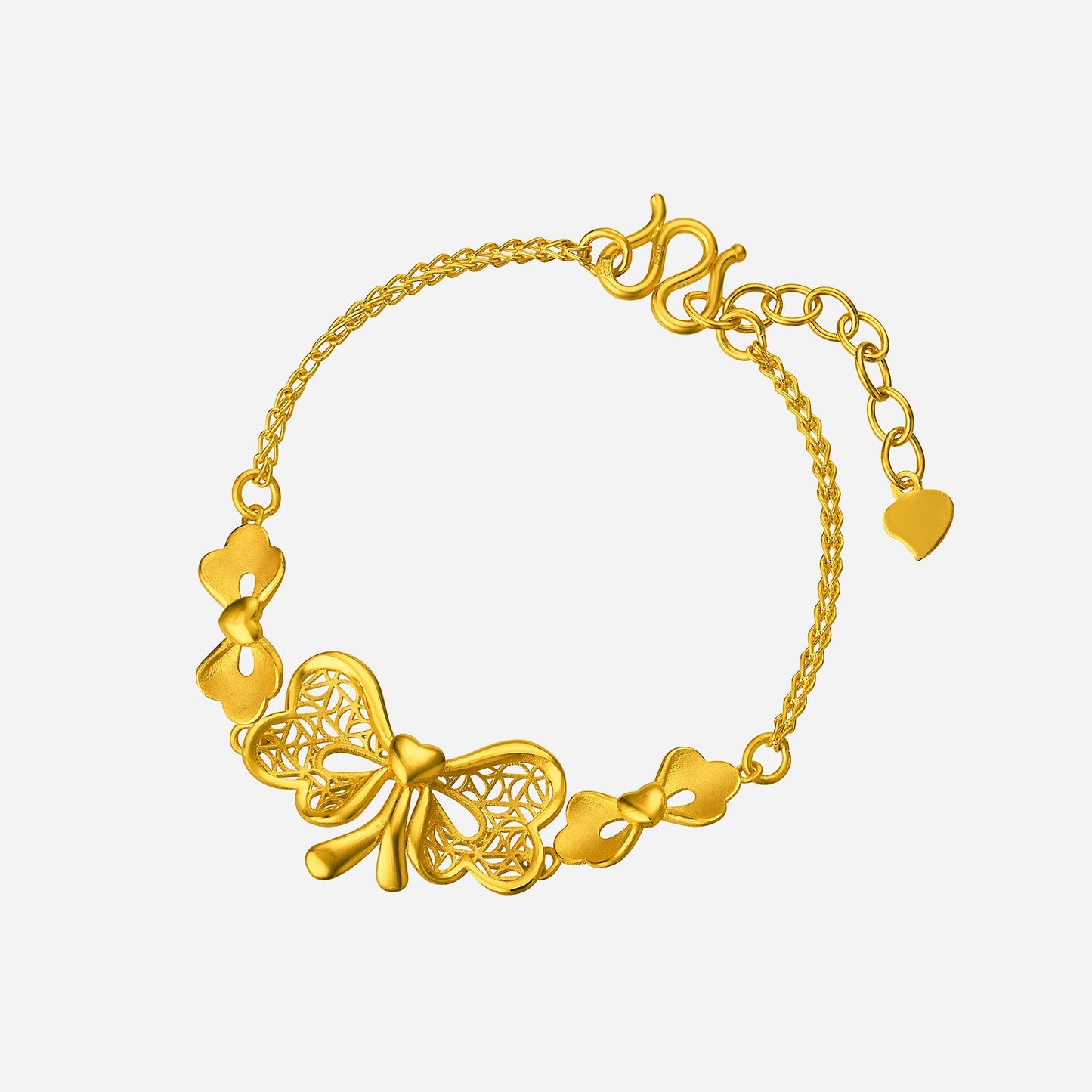 ribbon bracelet in 24k yellow gold featuring a delicate bow design with heart accents and intricate detailing.
