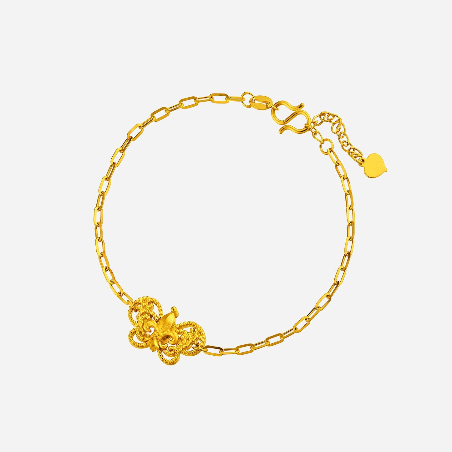 fleur de lis bracelet in 24k yellow gold featuring an intricate butterfly design on a linked chain.