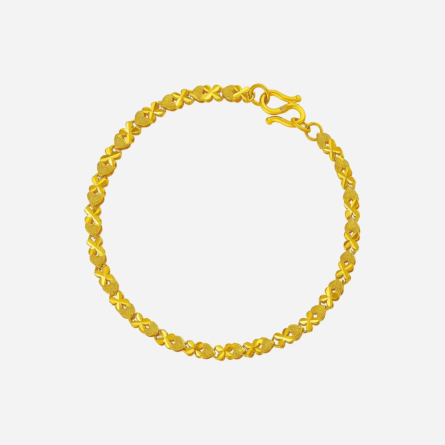 24k yellow gold eternal heart chain bracelet with interlocking hearts and crosses, perfect for celebrating love.