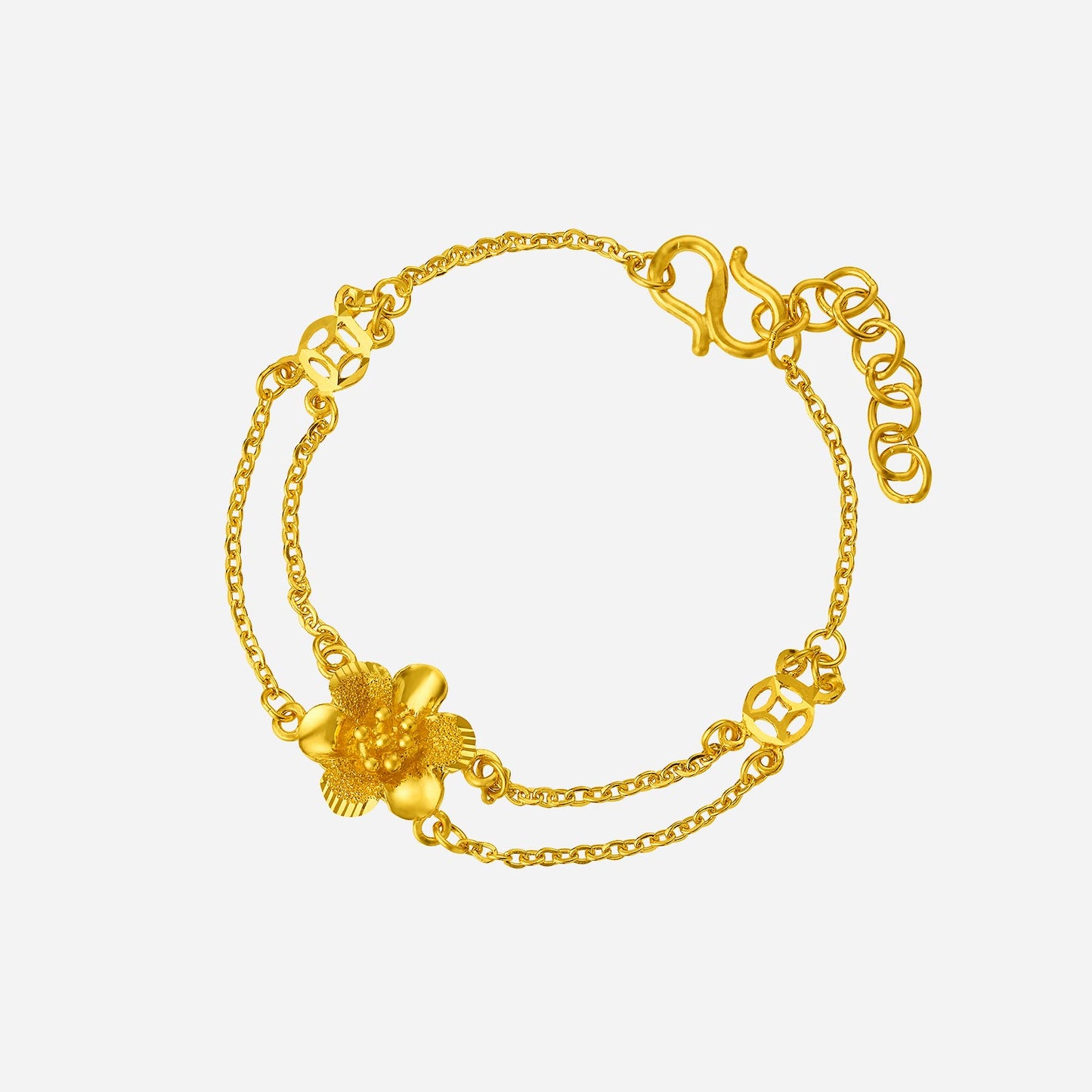 delicate flower bracelet in 24k yellow gold featuring a floral charm and dual chain design. perfect for adding elegance.
