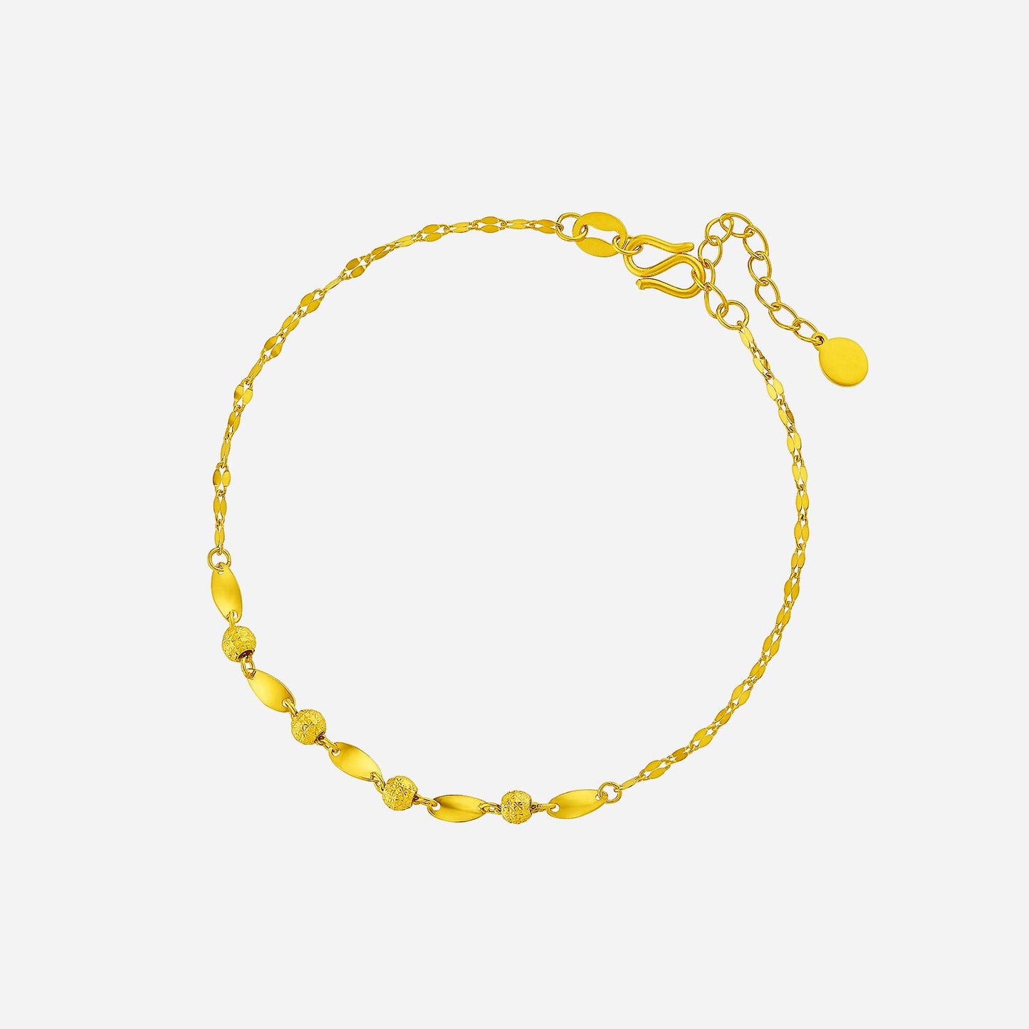 24k yellow gold beaded bracelet with polished links and intricate bead designs for an elegant touch.