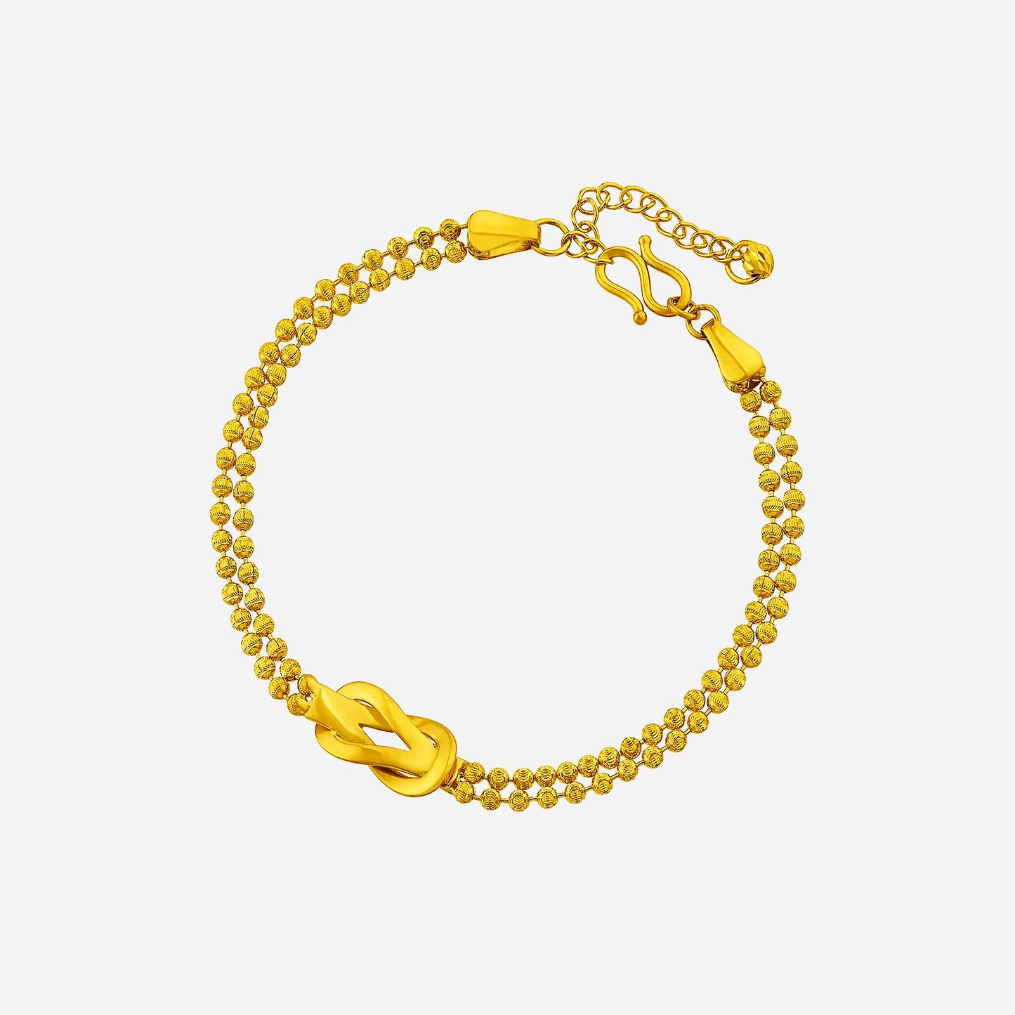beaded knot bracelet in 24k yellow gold with textured beads and a stylish knot centerpiece. elegant and timeless design.