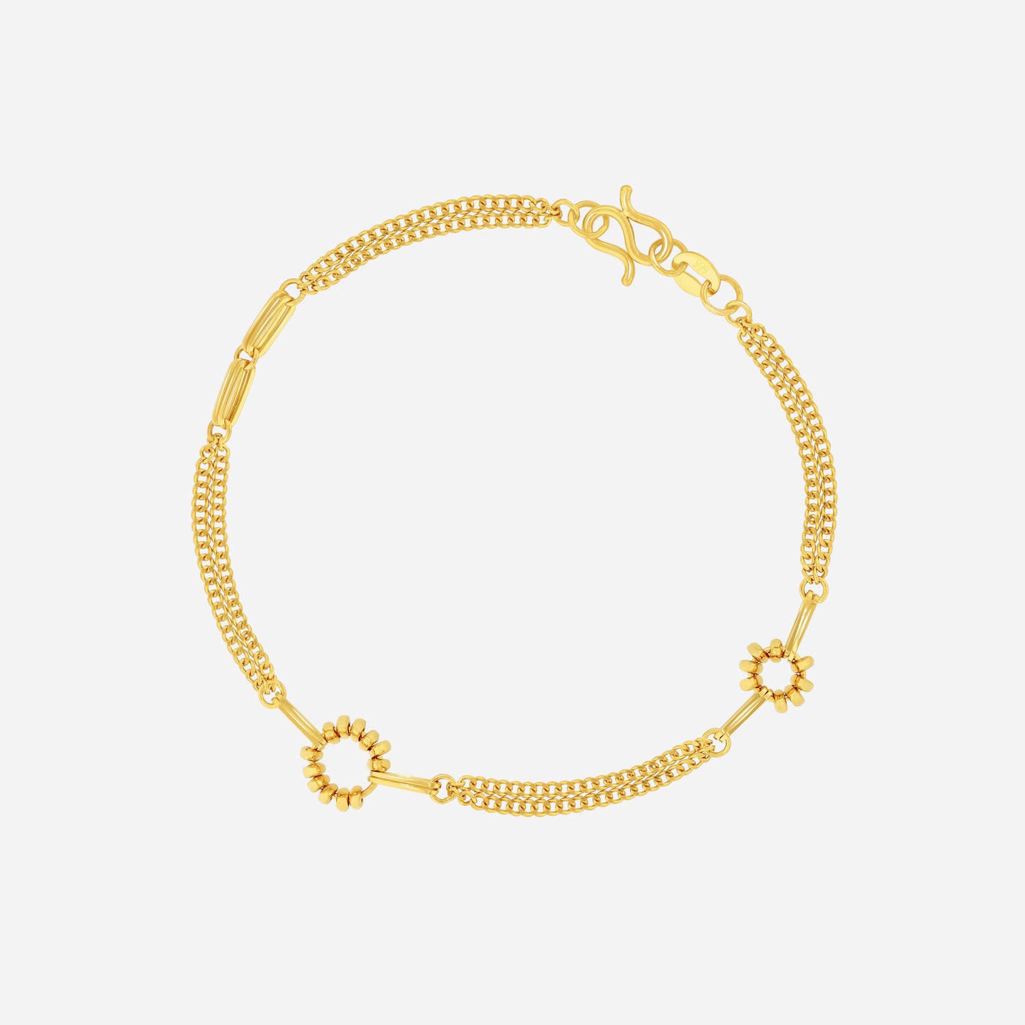curve link bracelet in 22k yellow gold with smooth rounded links and circular floral accents.