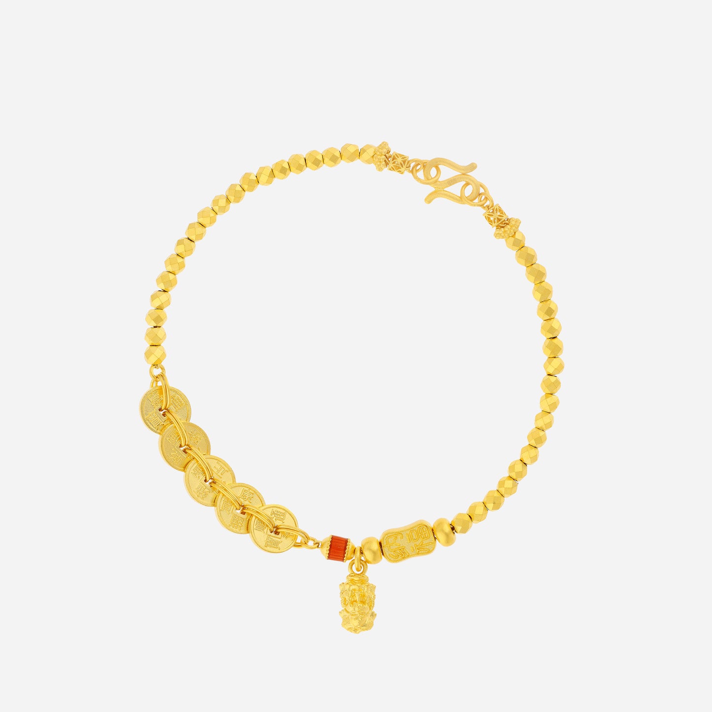 wealth keeper bracelet in 24k yellow gold, featuring sculpted prosperity beads and a delicate hanging charm.