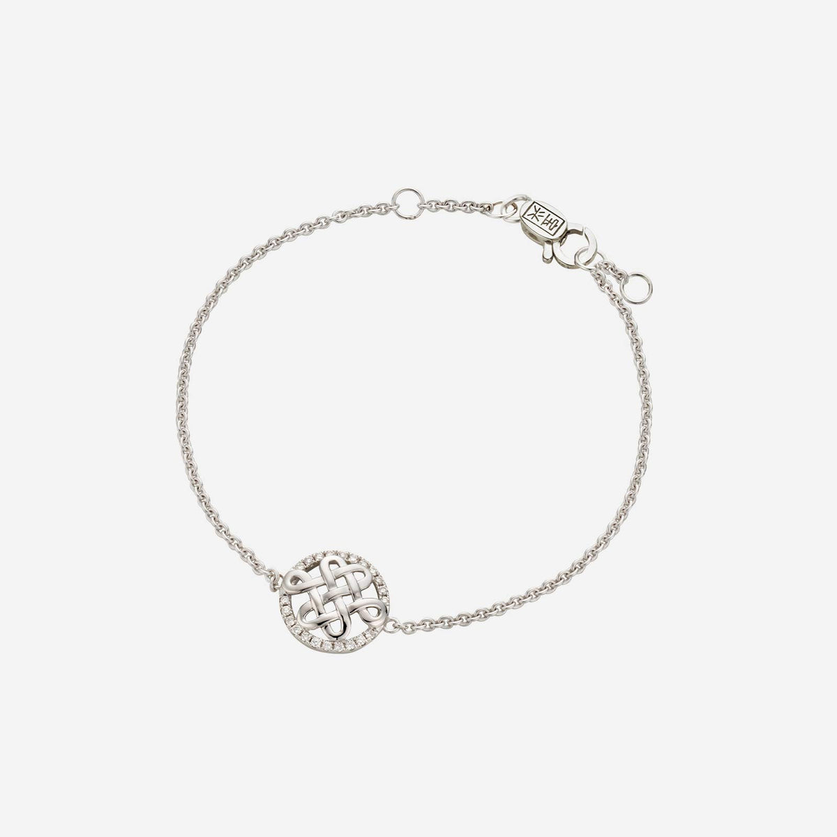eternity knot diamond bracelet in 18k white gold with intricate design and sparkling stones encircling the charm.