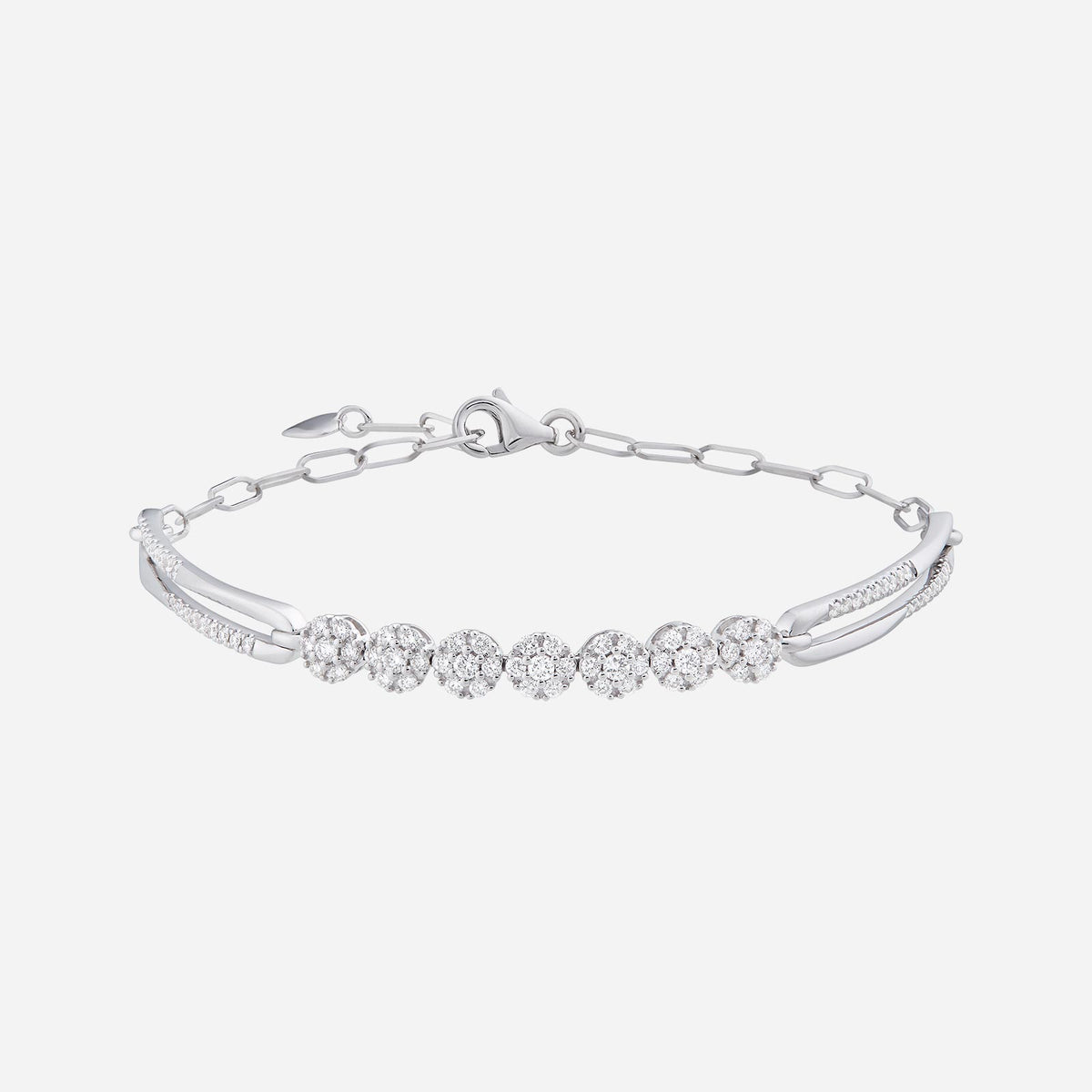 diamond bracelet in 18k white gold with seven dazzling diamonds and elegant chain design.