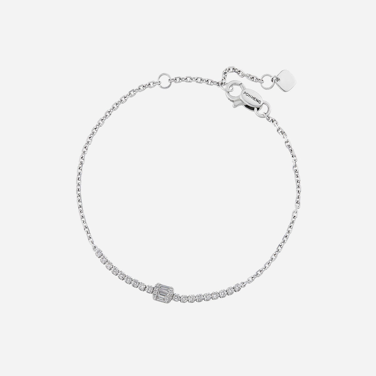 aurora sparkle diamond bracelet in 18k white gold with emerald-cut centerpiece and a refined row of diamonds.