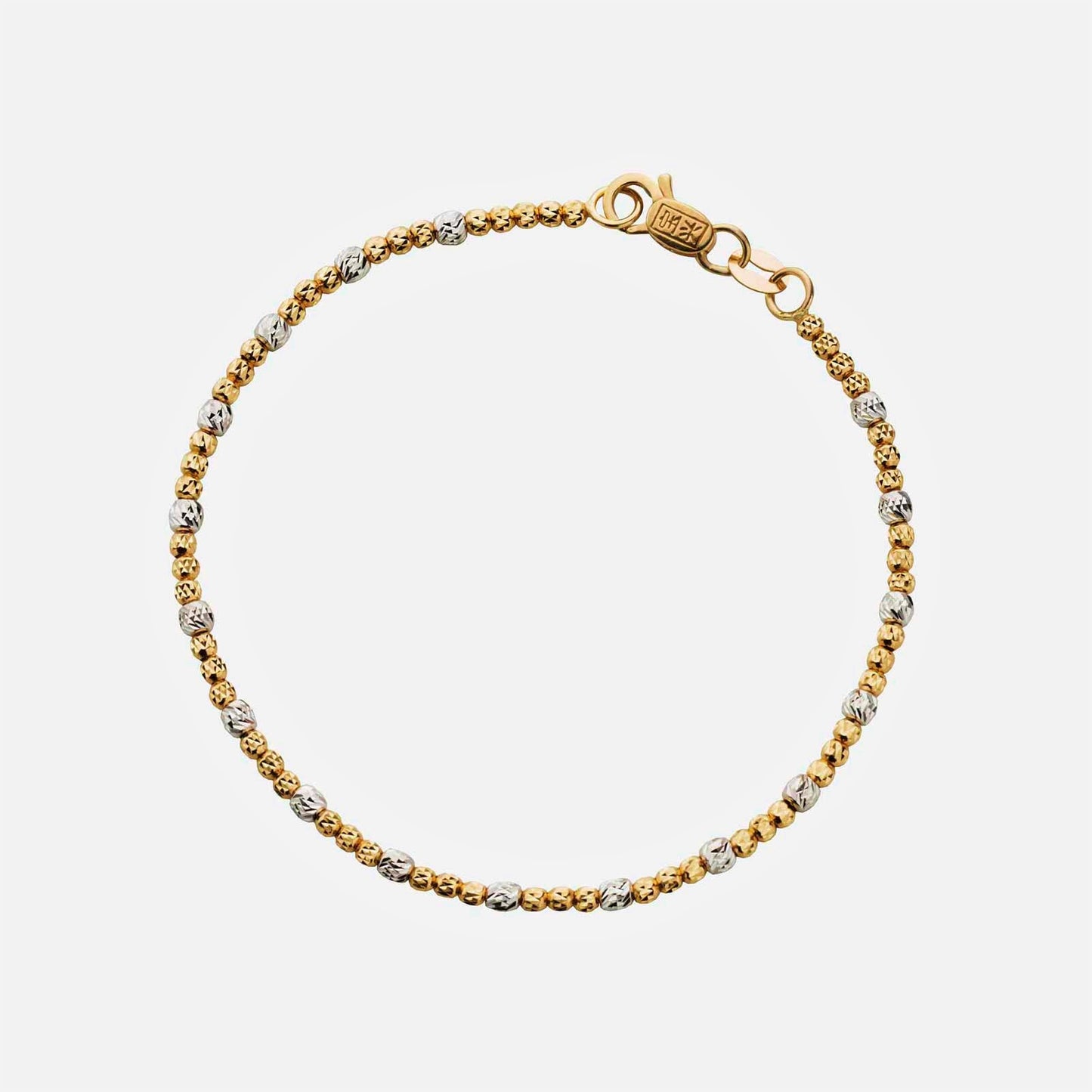 earth beaded bracelet in 22k yellow and white gold with alternating patterned beads, featuring a secure clasp.