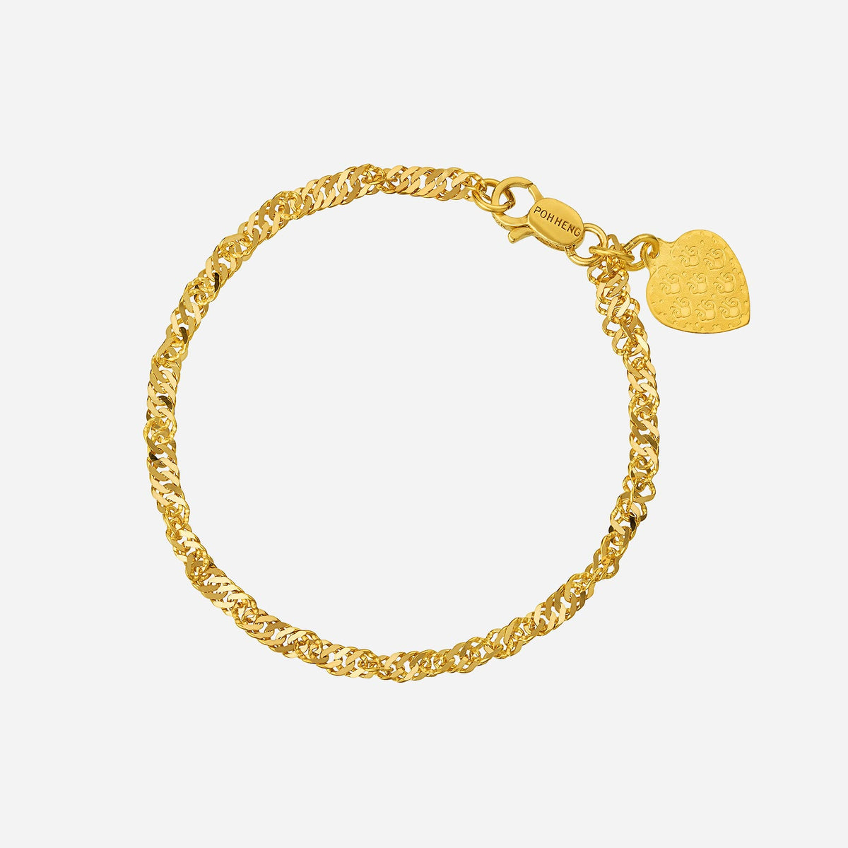 ripple bracelet crafted in 22k yellow gold with a twisted chain design and heart charm detail. elegant and classic piece.