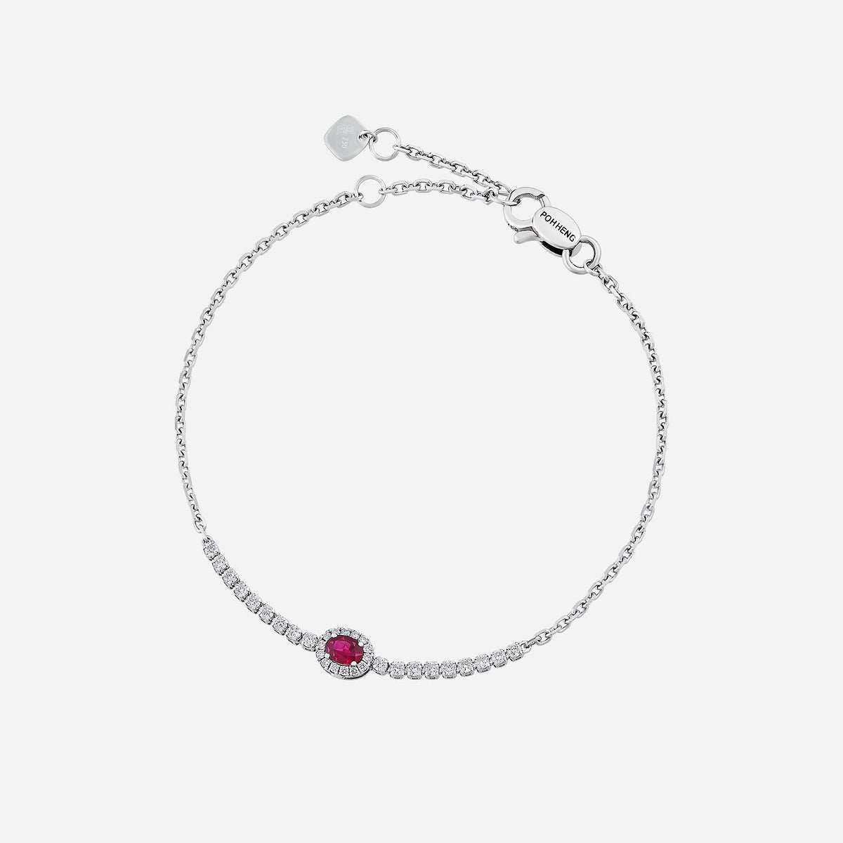 ruby bracelet in 18k white gold with a vivid oval ruby and diamond-set chain for a touch of elegance.