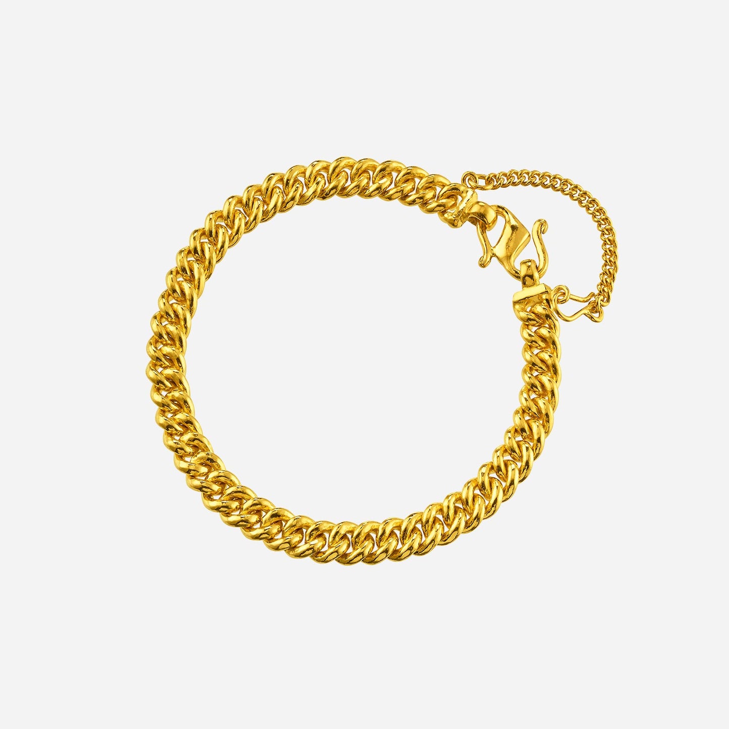 24k yellow gold single link chain bracelet with a lobster clasp and elegant intertwining design.