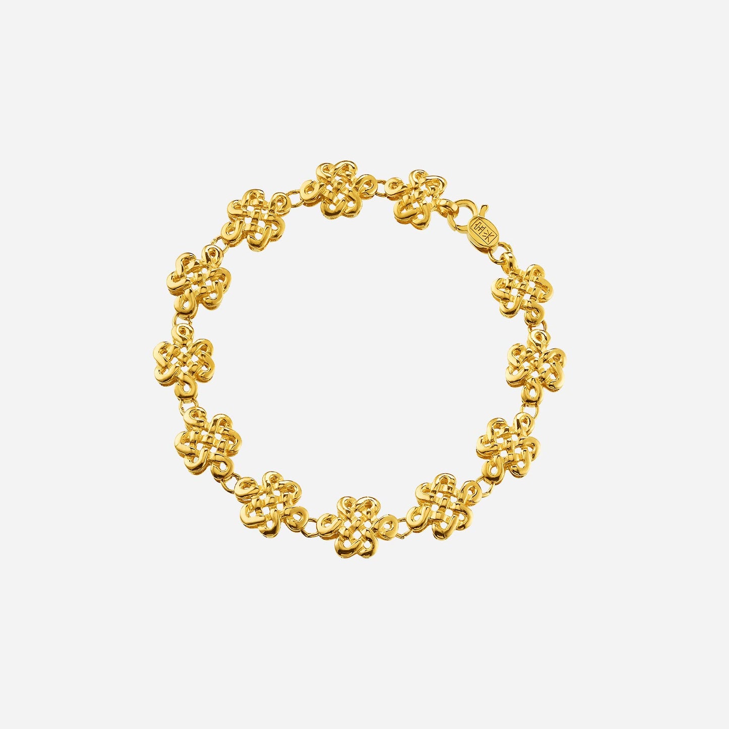 eternity knot bracelet in 22k yellow gold with interlocking knot design, symbolizing everlasting happiness and luck.
