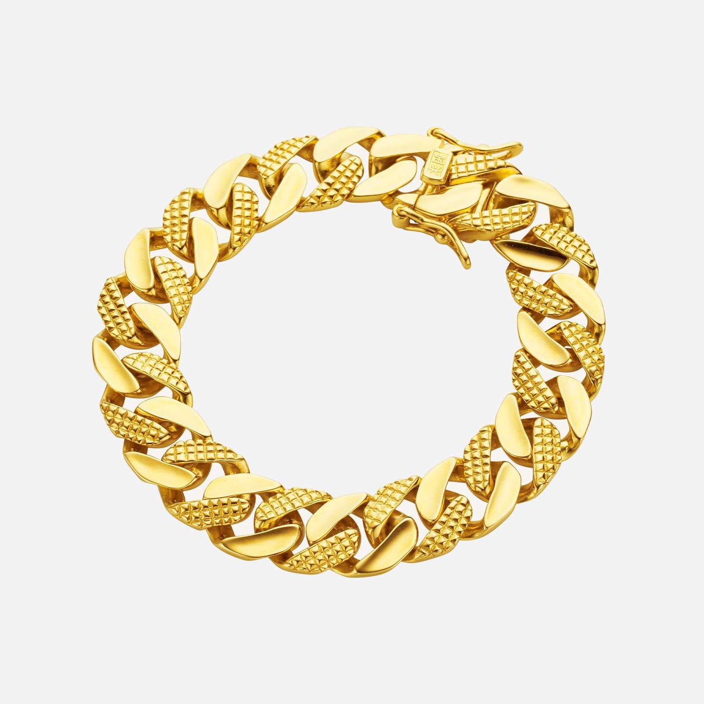 classic 22k yellow gold link bracelet with cross linked design, ideal for solo wear or pairing with other accessories.