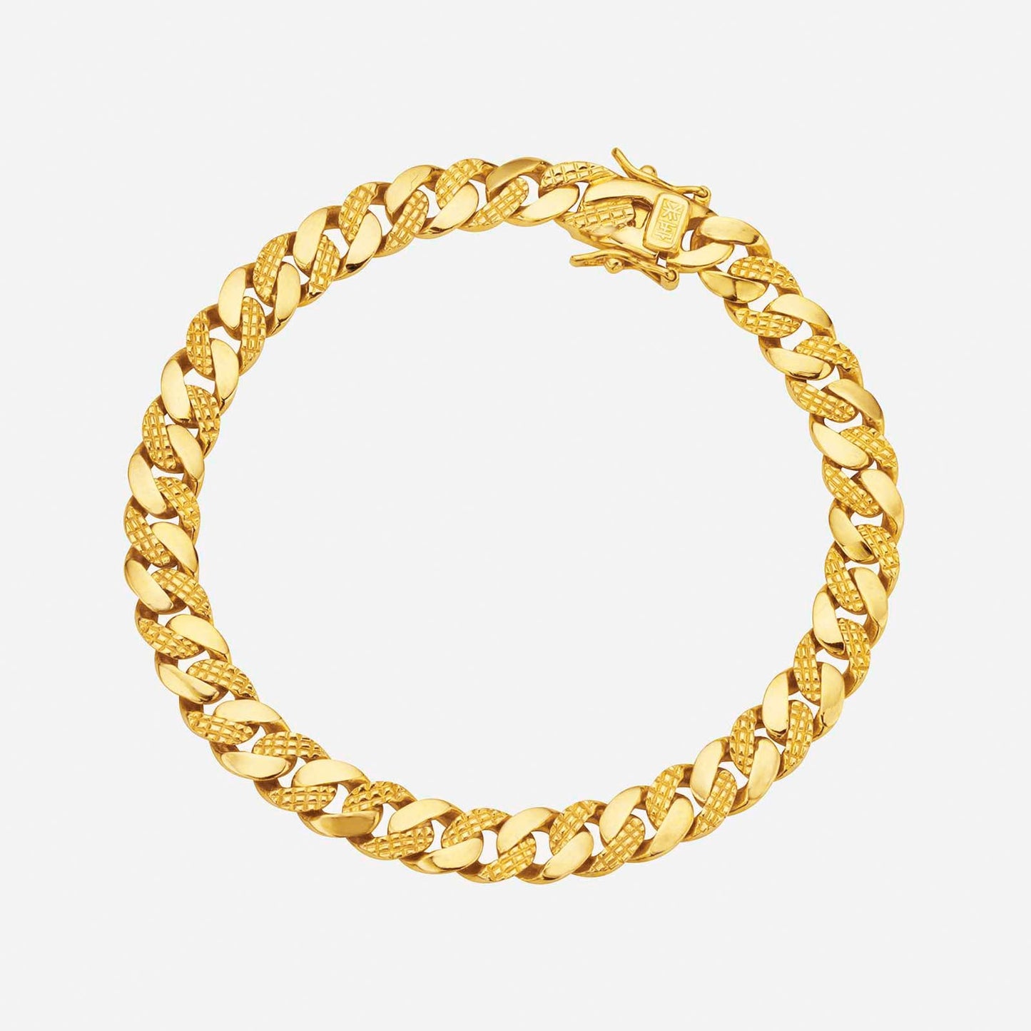 22k yellow gold link bracelet with cross linked design, perfect for layering with other accessories.
