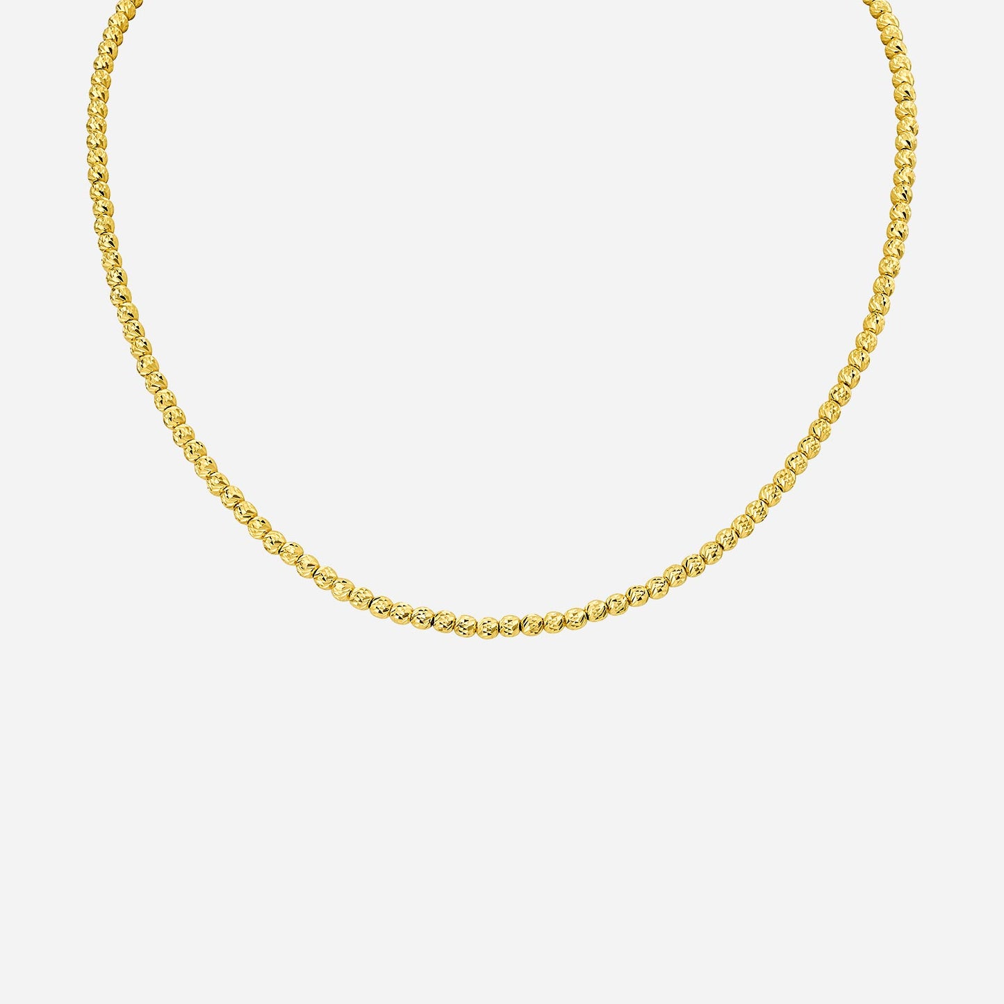 22k yellow gold bead chain necklace with a textured design, perfect for layering or wearing alone. available in various lengths.