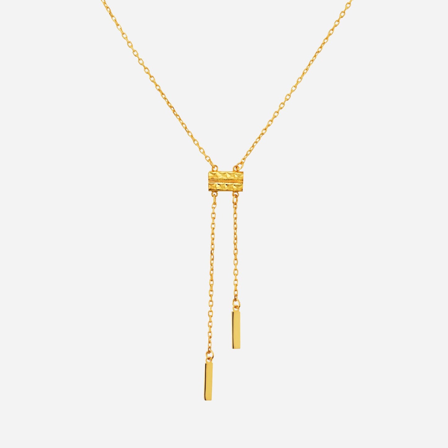 22k yellow gold bar long necklace featuring a diamond cut bar with two pendant links. elegant and modern design.