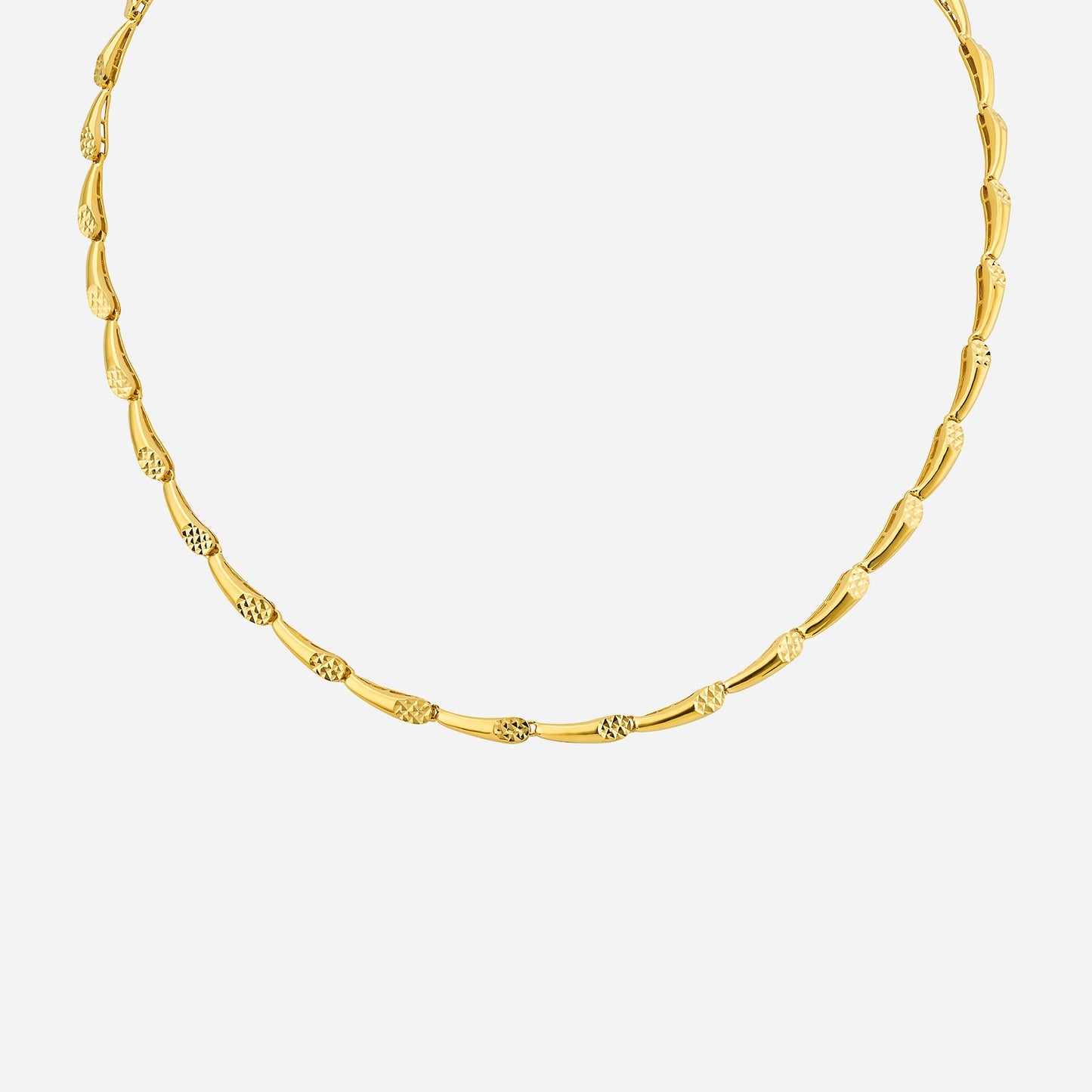 22k yellow gold necklace with a smooth, flowing design and textured links, symbolizing eternal happiness.