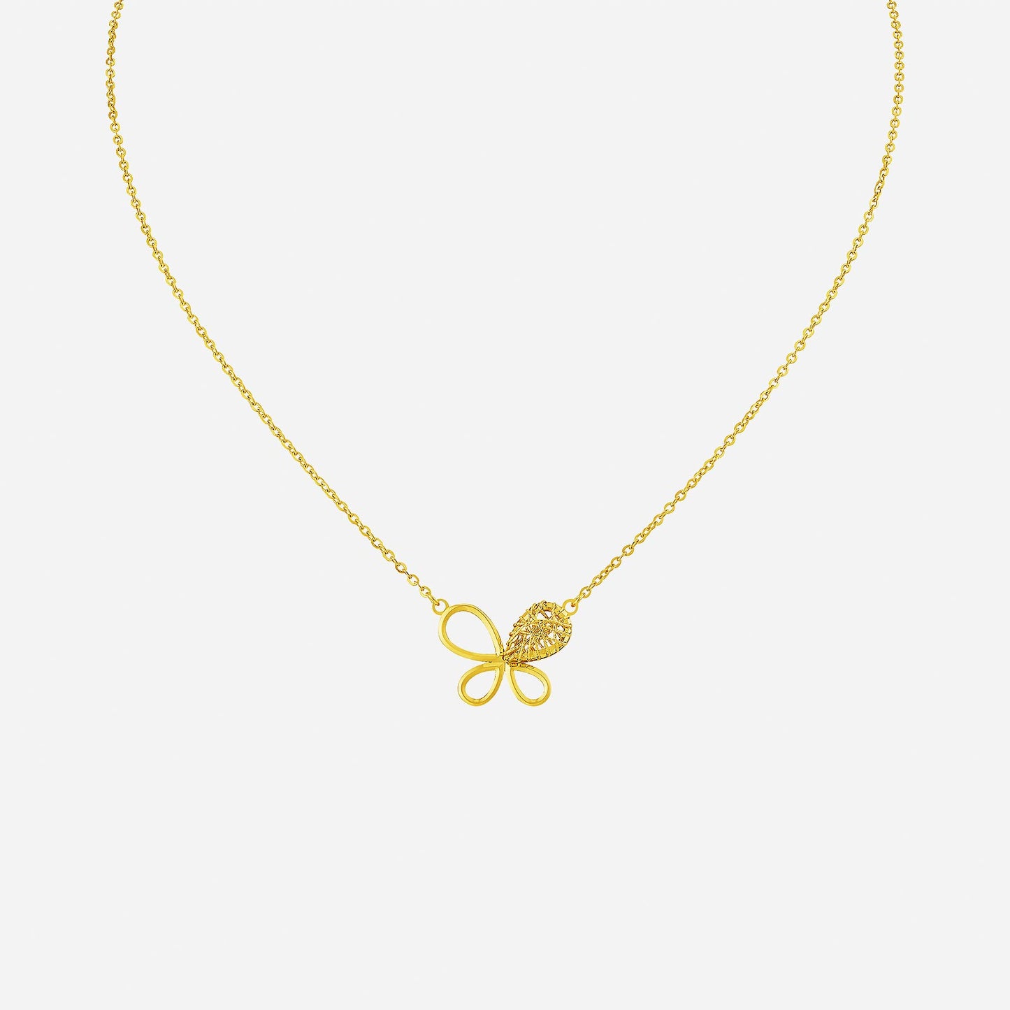 butterfly necklace in 22k yellow gold with delicate butterfly design and intricate detailing on pendant.