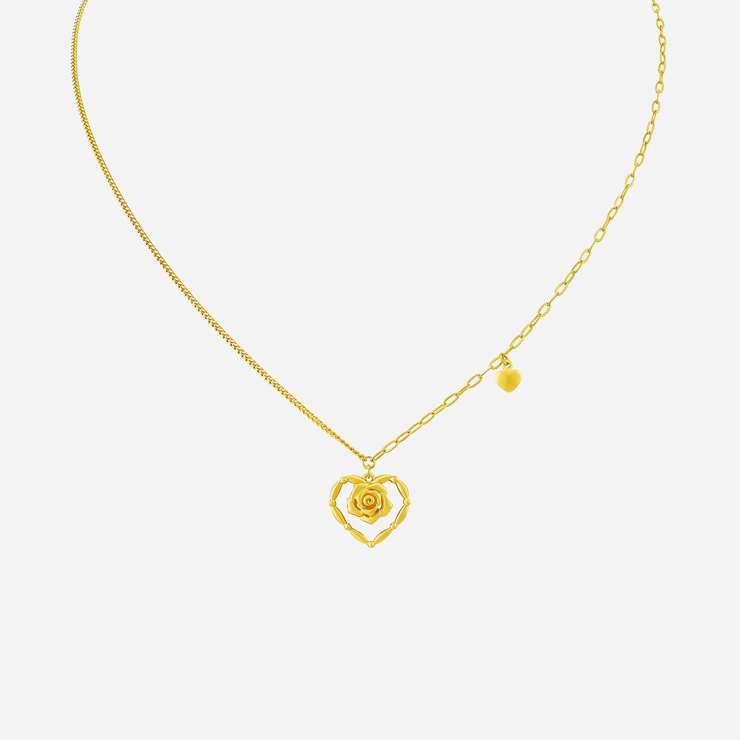 22k yellow gold rose necklace featuring a heart-shaped frame and a delicate rose pendant, symbolizing love and passion.