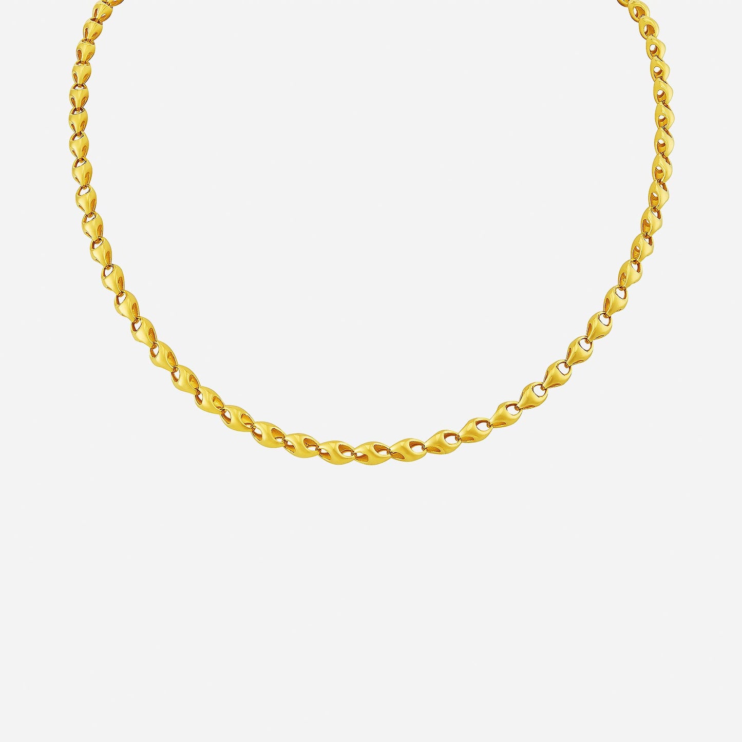 solace necklace in 24k yellow gold with intricate linked design, exuding elegance and brilliance.