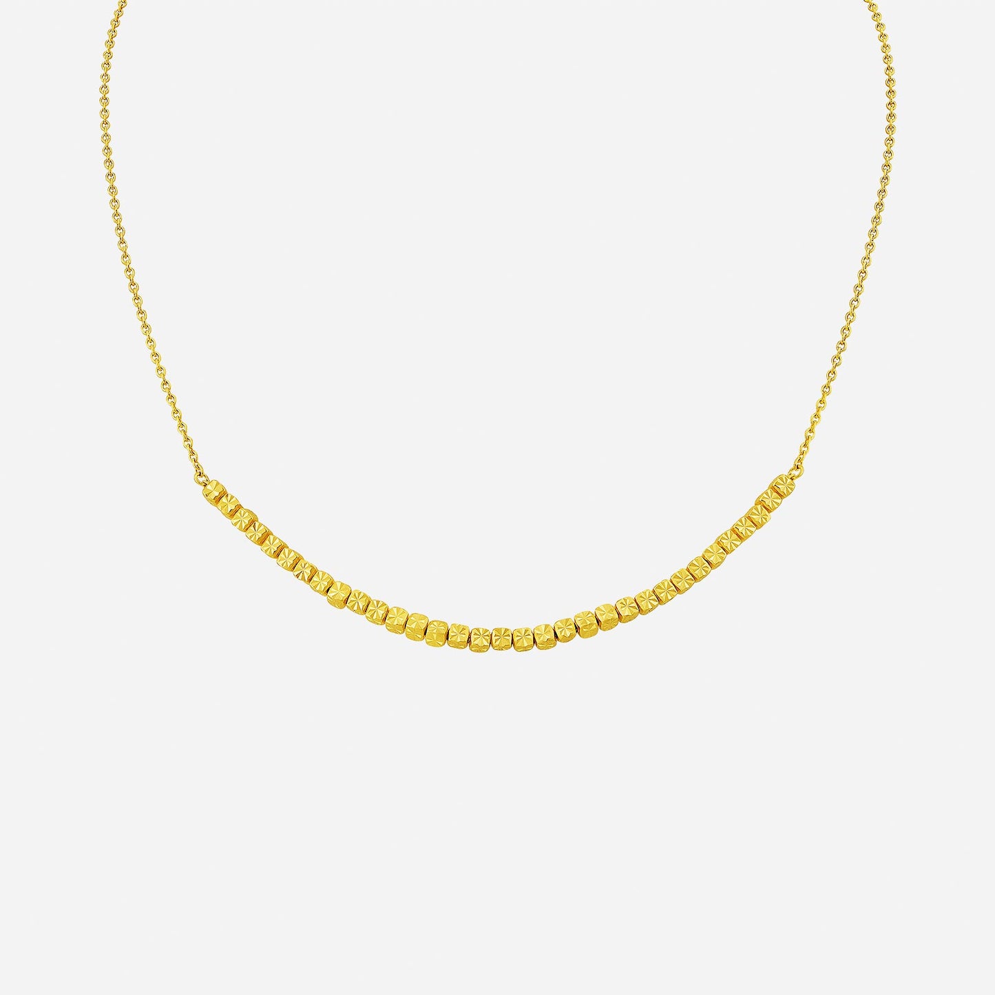 cube bead necklace in 22k yellow gold featuring a modern design with textured cube beads. perfect for elegant styling.