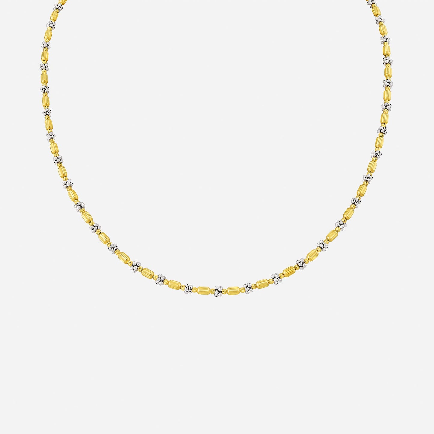 beaded necklace in 22k yellow and white gold with polished barrel links and clustered accents. elegant design for any occasion.