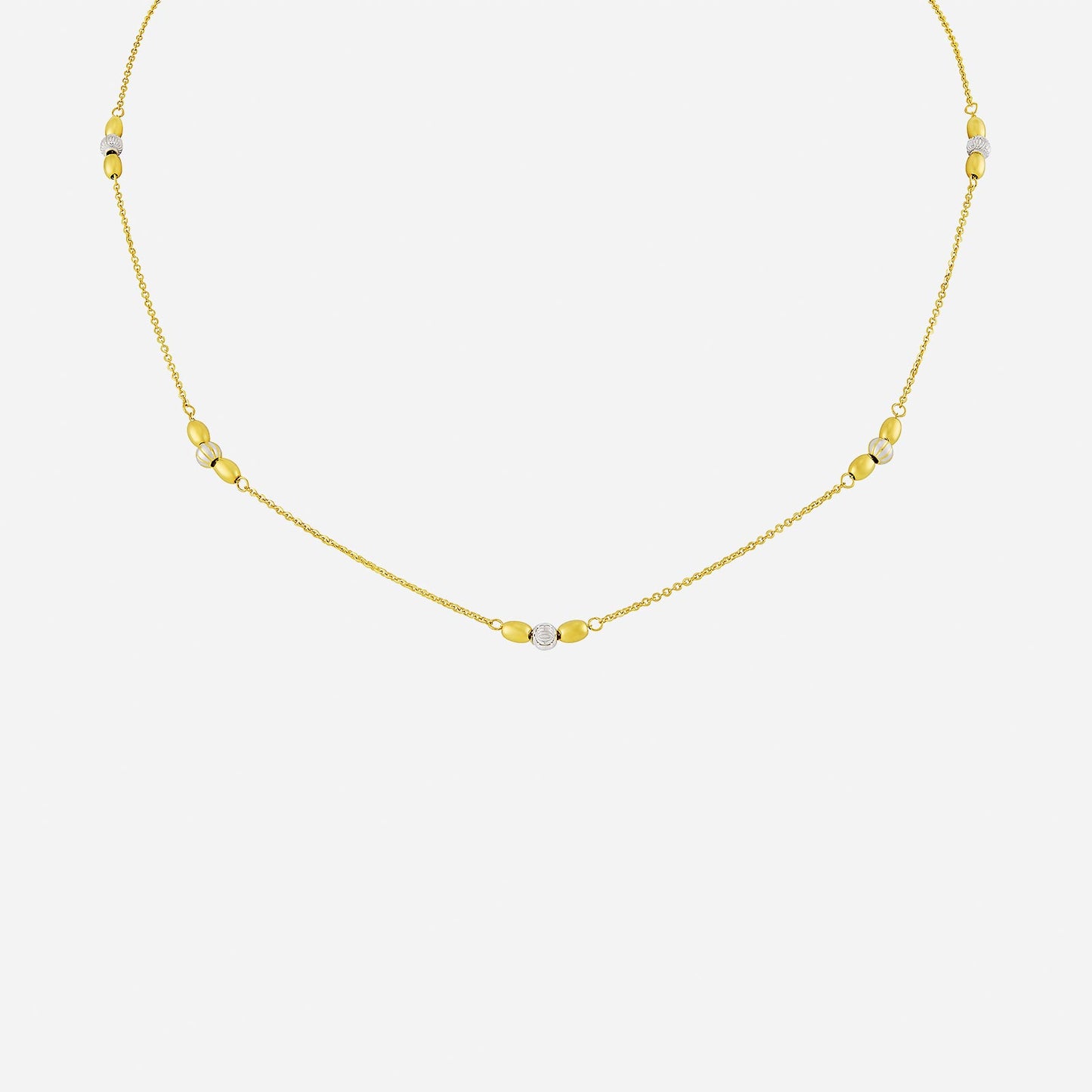 22k yellow and white gold beaded necklace featuring elegant round and oval beads, perfect for any occasion.