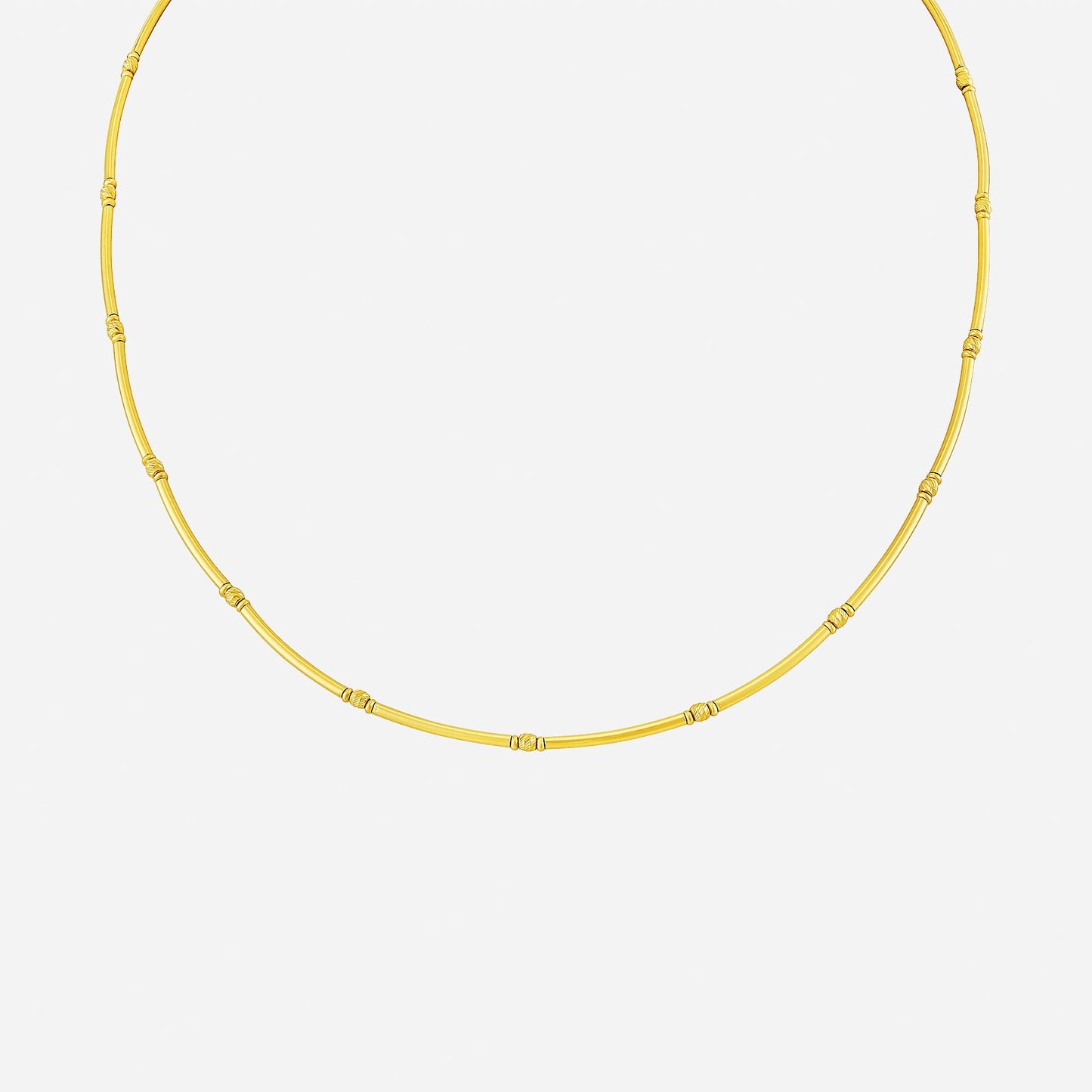 tube link necklace in 22k yellow gold with straight tubular links and polished bead connectors for a refined look.