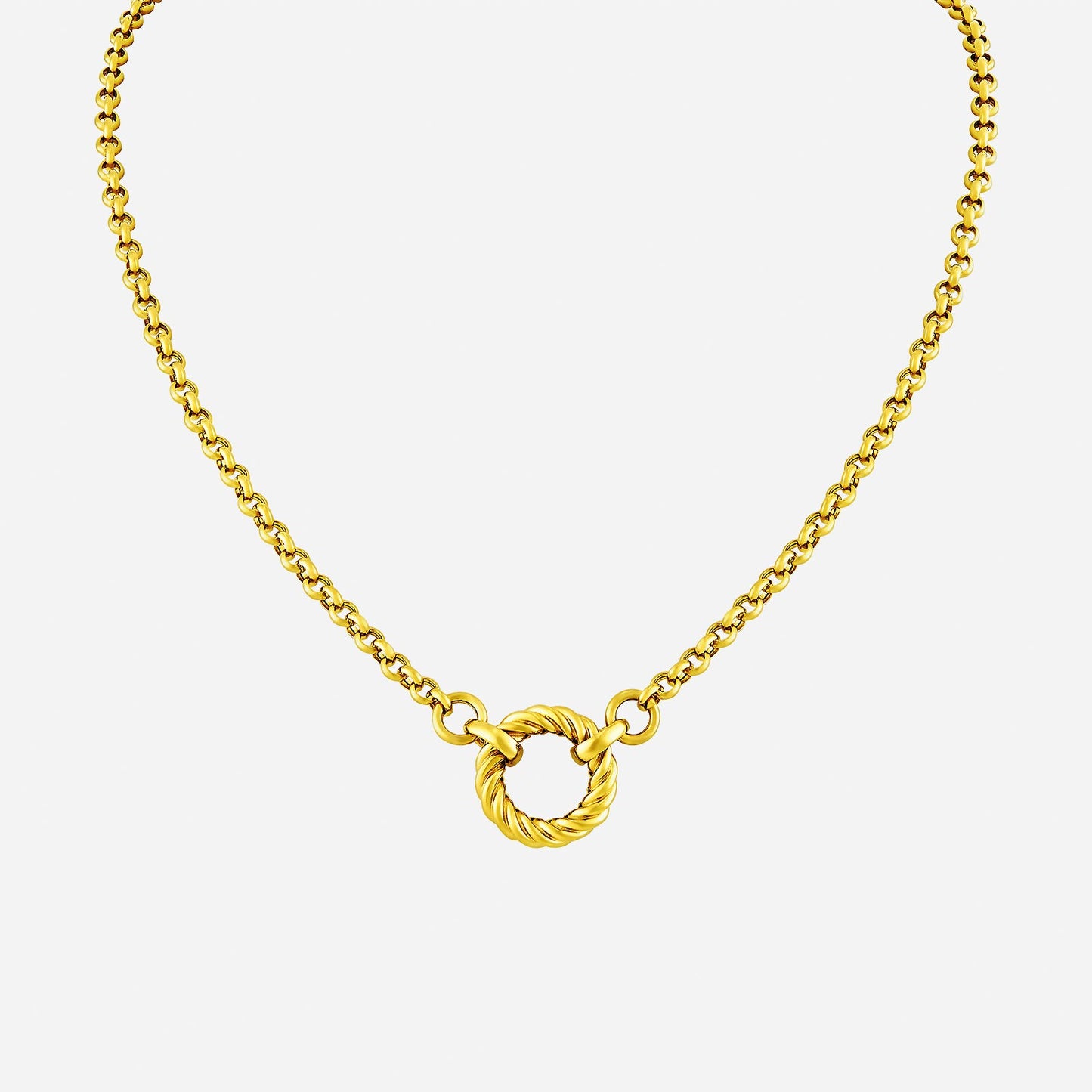circular link necklace in 22k yellow gold featuring a rope-detailed circle and smooth-polished chain design.