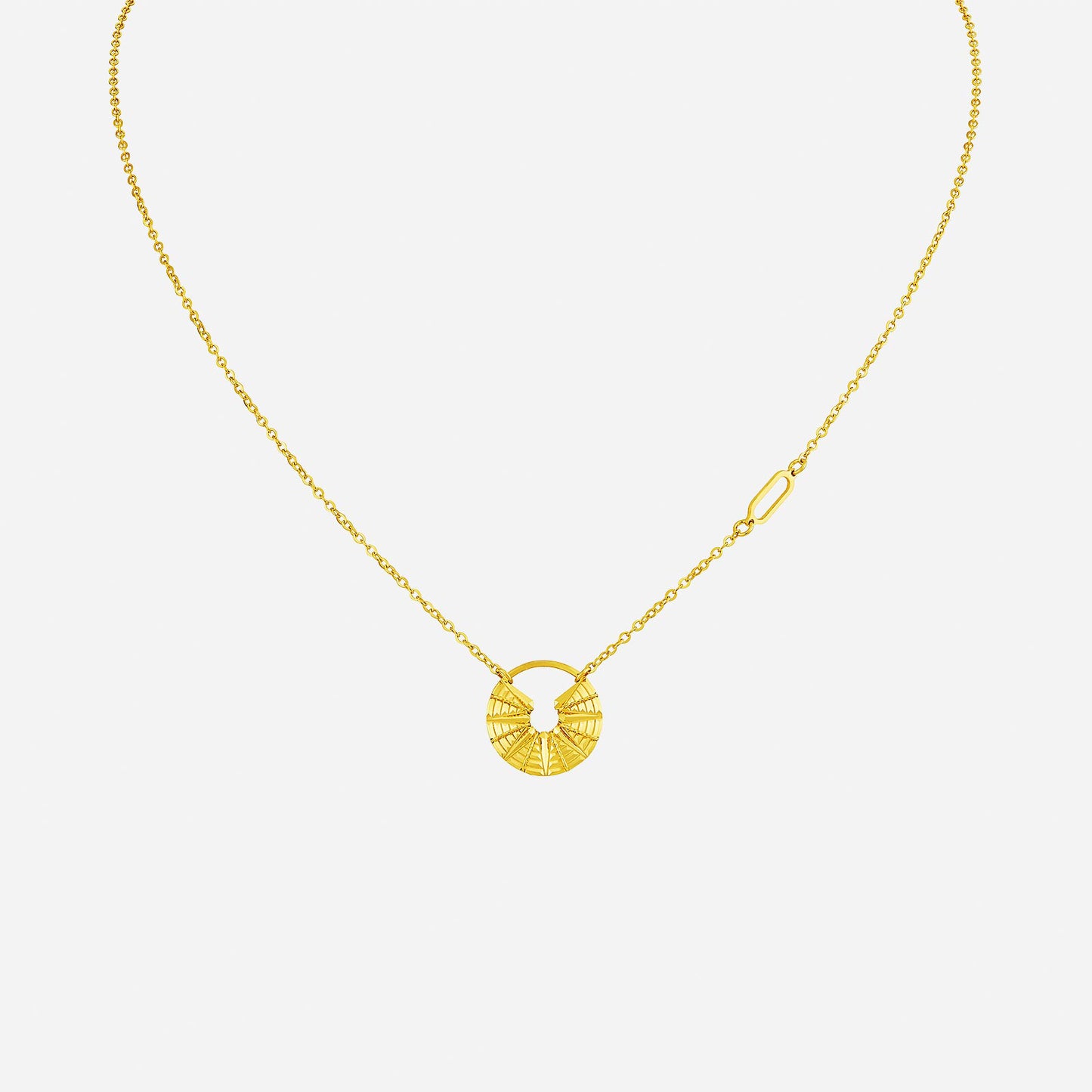 gleaming curve necklace in 22k yellow gold with angled ridges and circular design, showcasing a bold yet graceful arc.