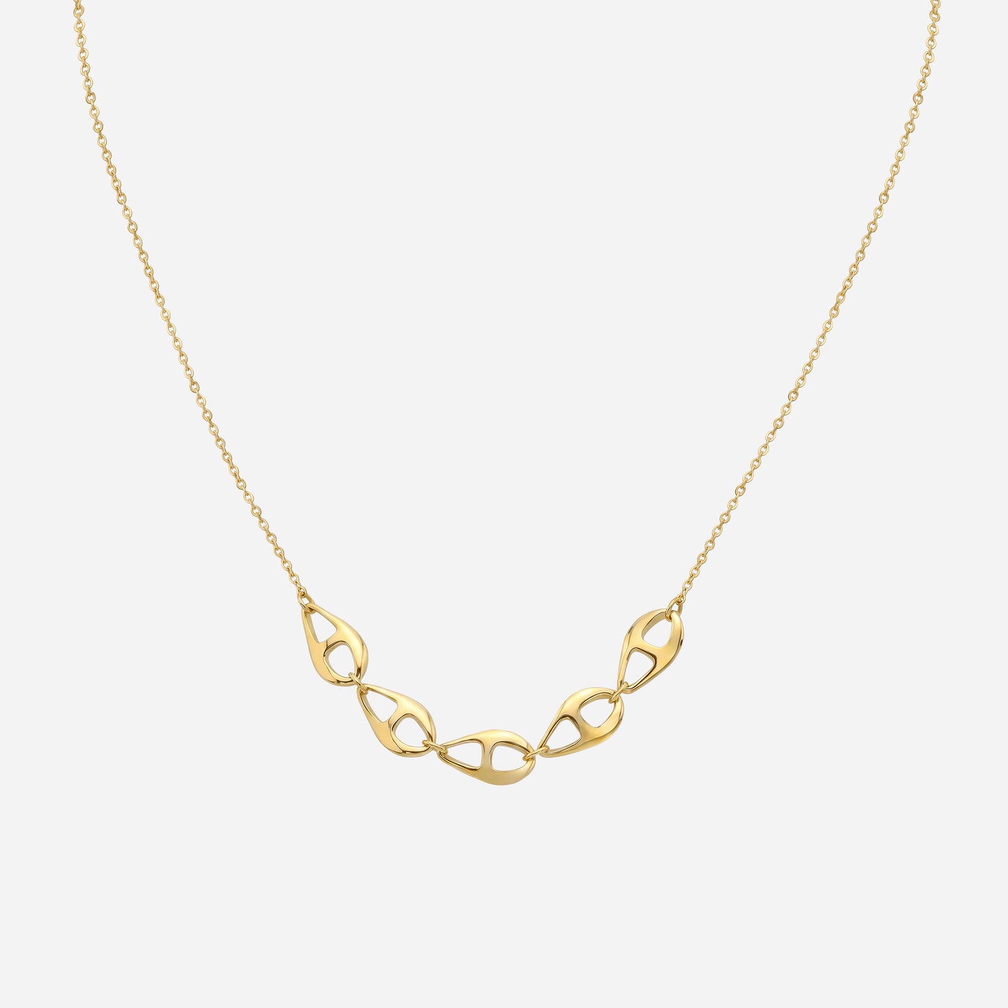dew link necklace in 22k yellow gold with elongated teardrop links, showcasing a graceful and organic design.
