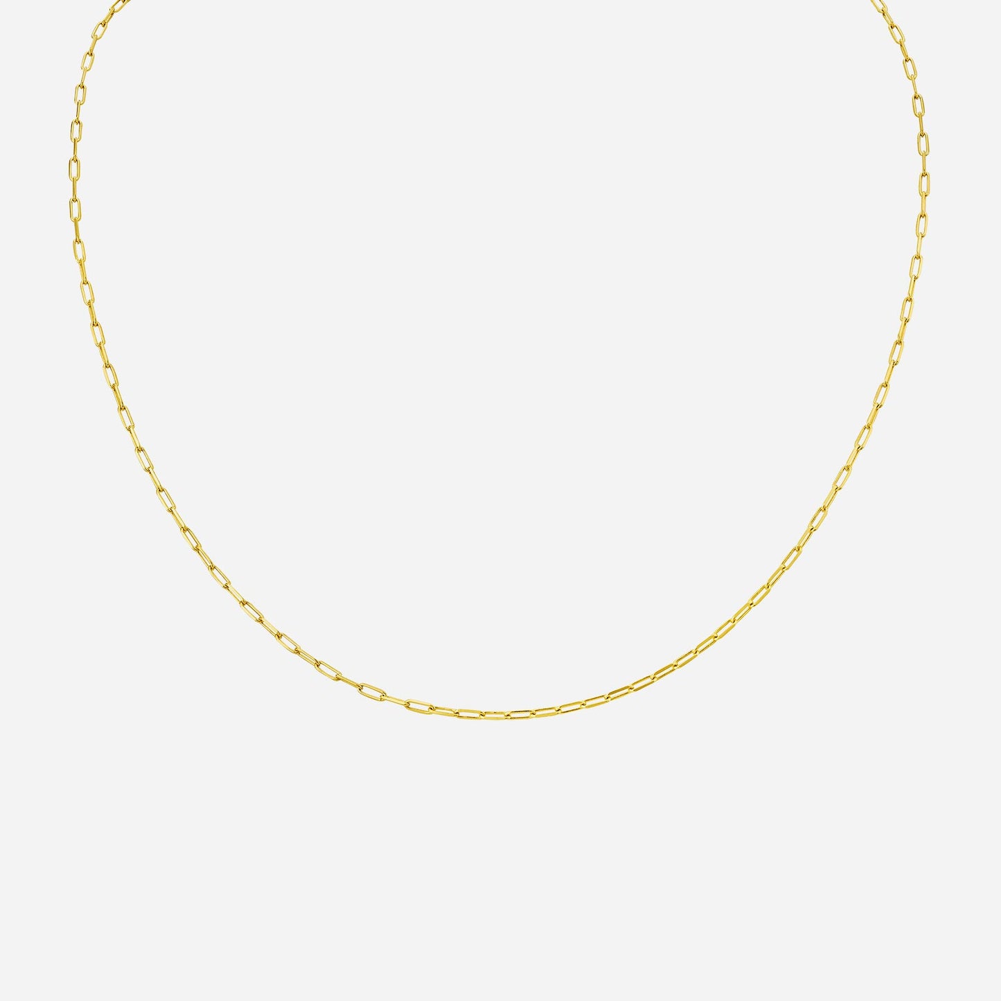 delicate 22k yellow gold paper clip chain necklace with a feminine design, available in various lengths.