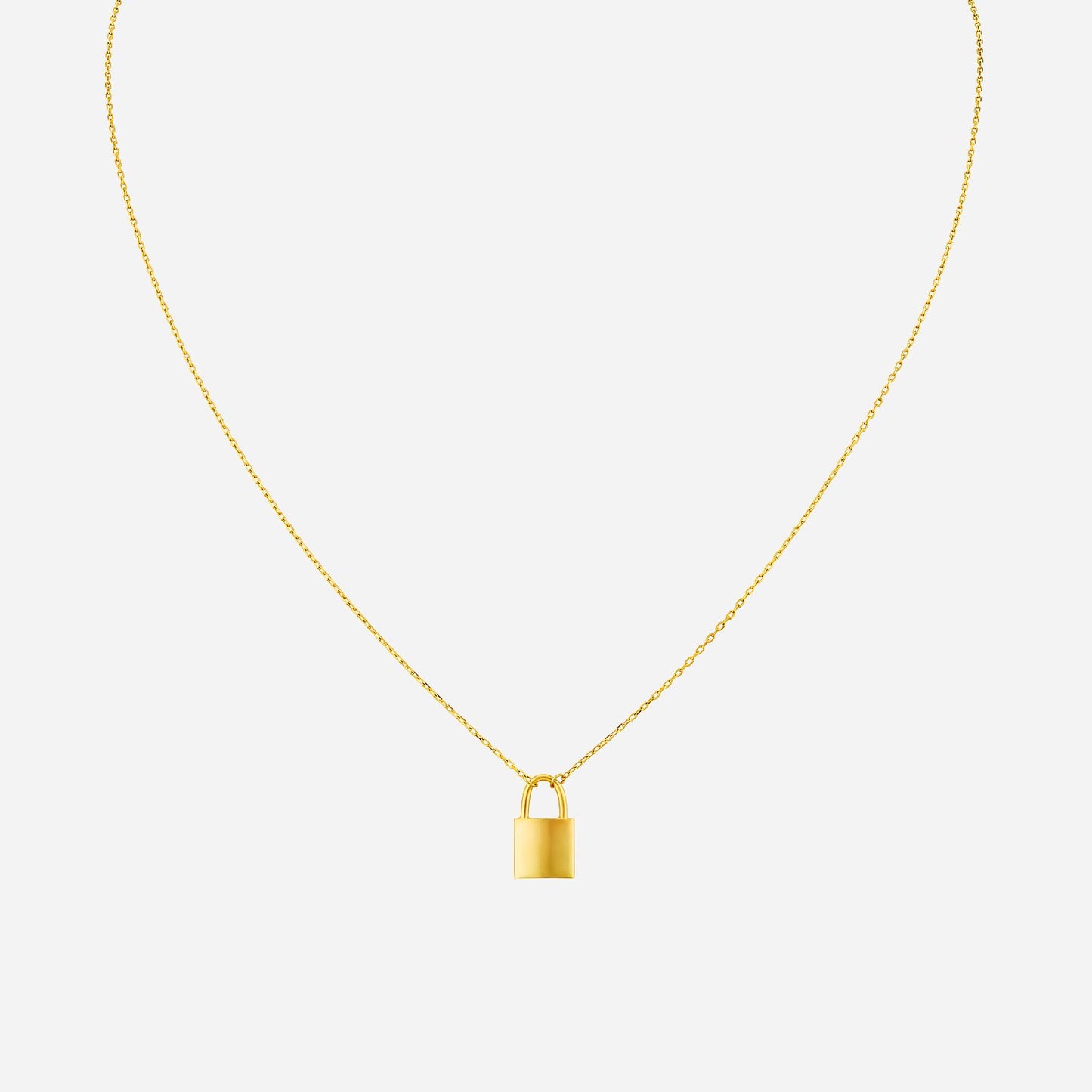 lock necklace in polished 22k yellow gold with a minimalist lock pendant and delicate chain design.