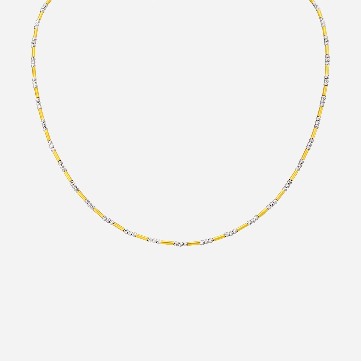 beaded chain necklace in 22k yellow and white gold with alternating yellow and silver-toned beads.