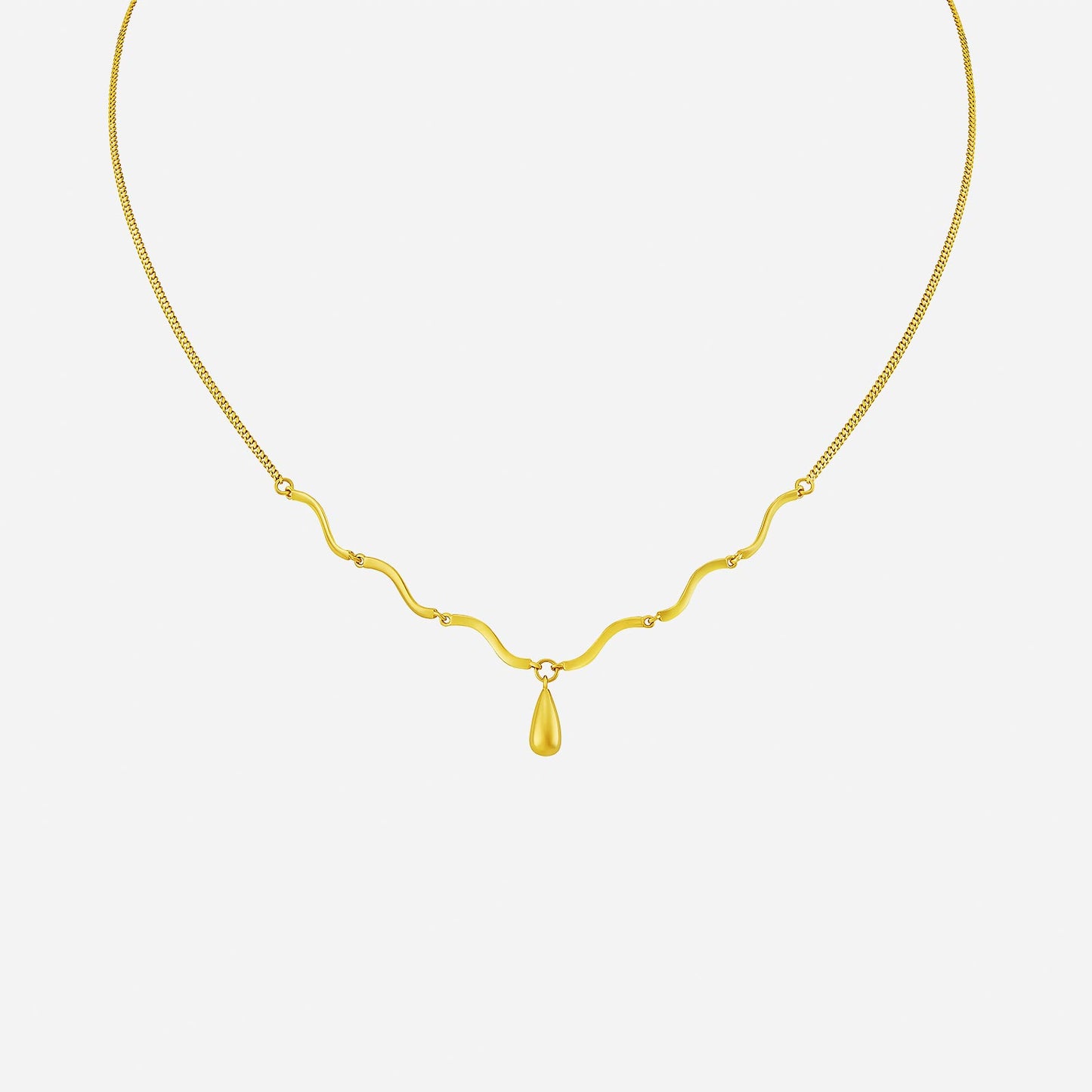 22k yellow gold droplet necklace with a graceful wavy design and a smooth pendant for elegant styling.