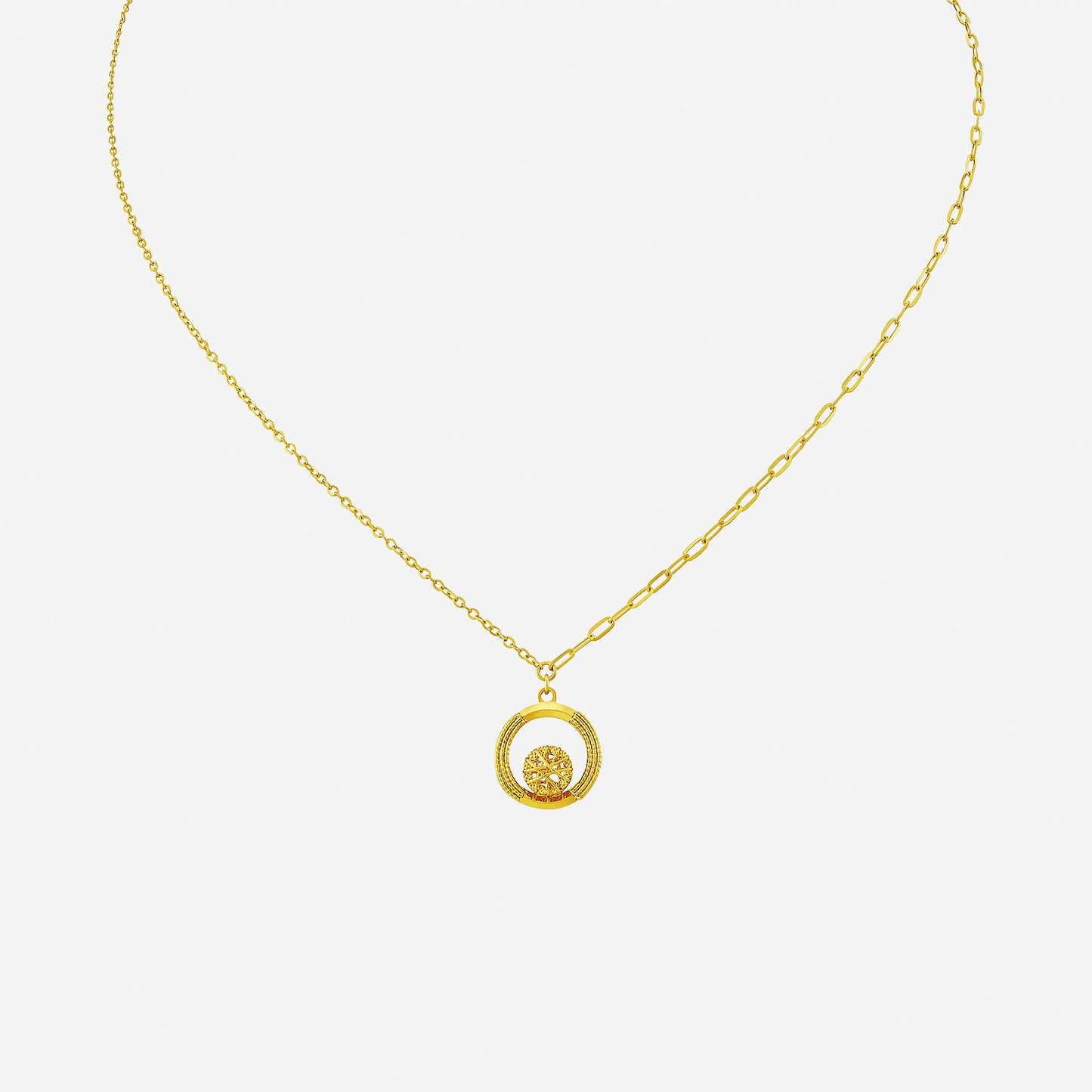 22k yellow gold weave sphere necklace with elegant circle pendant and intricate woven design. perfect for any occasion.