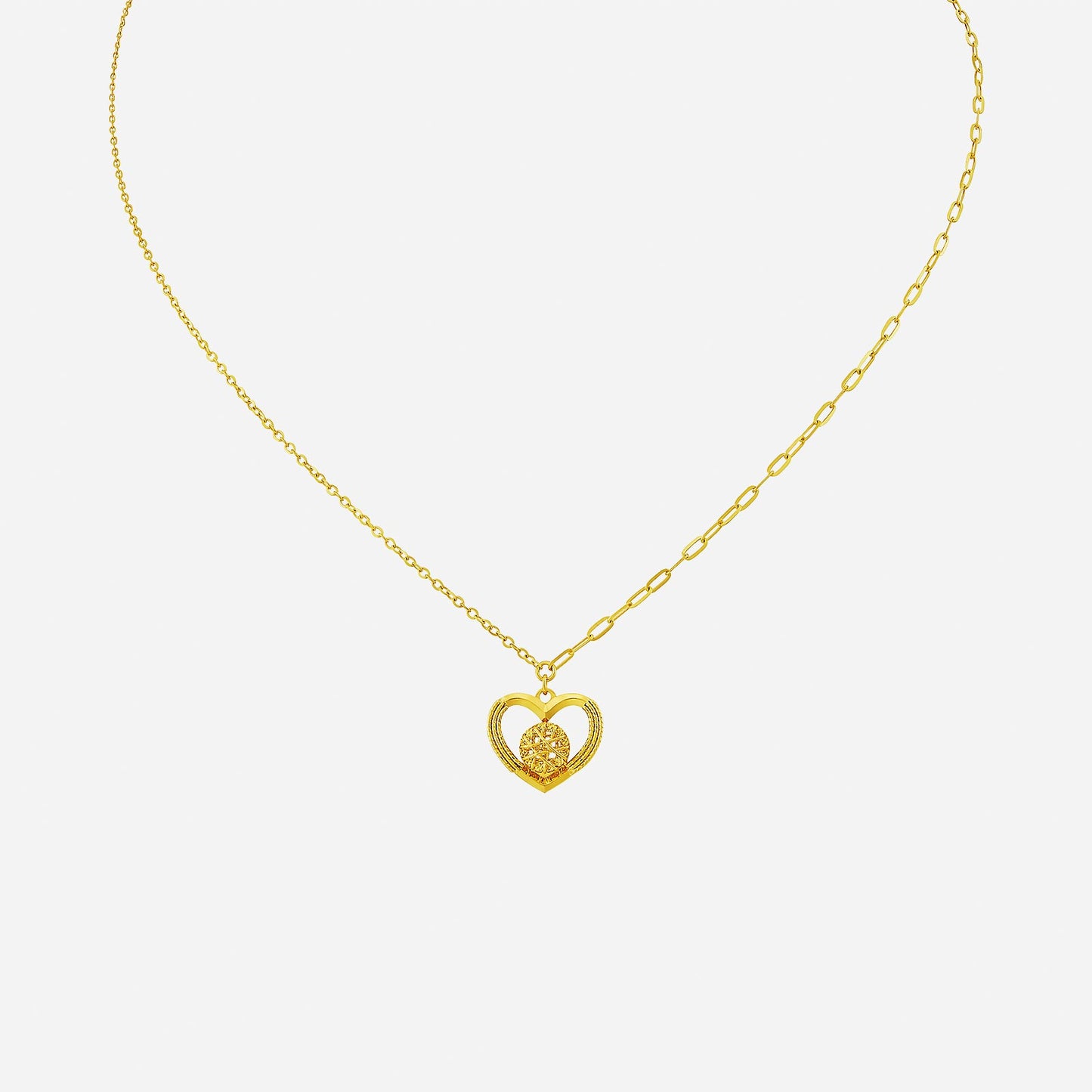 22k yellow gold weave heart necklace featuring an intricate heart design, perfect for expressing love and affection.