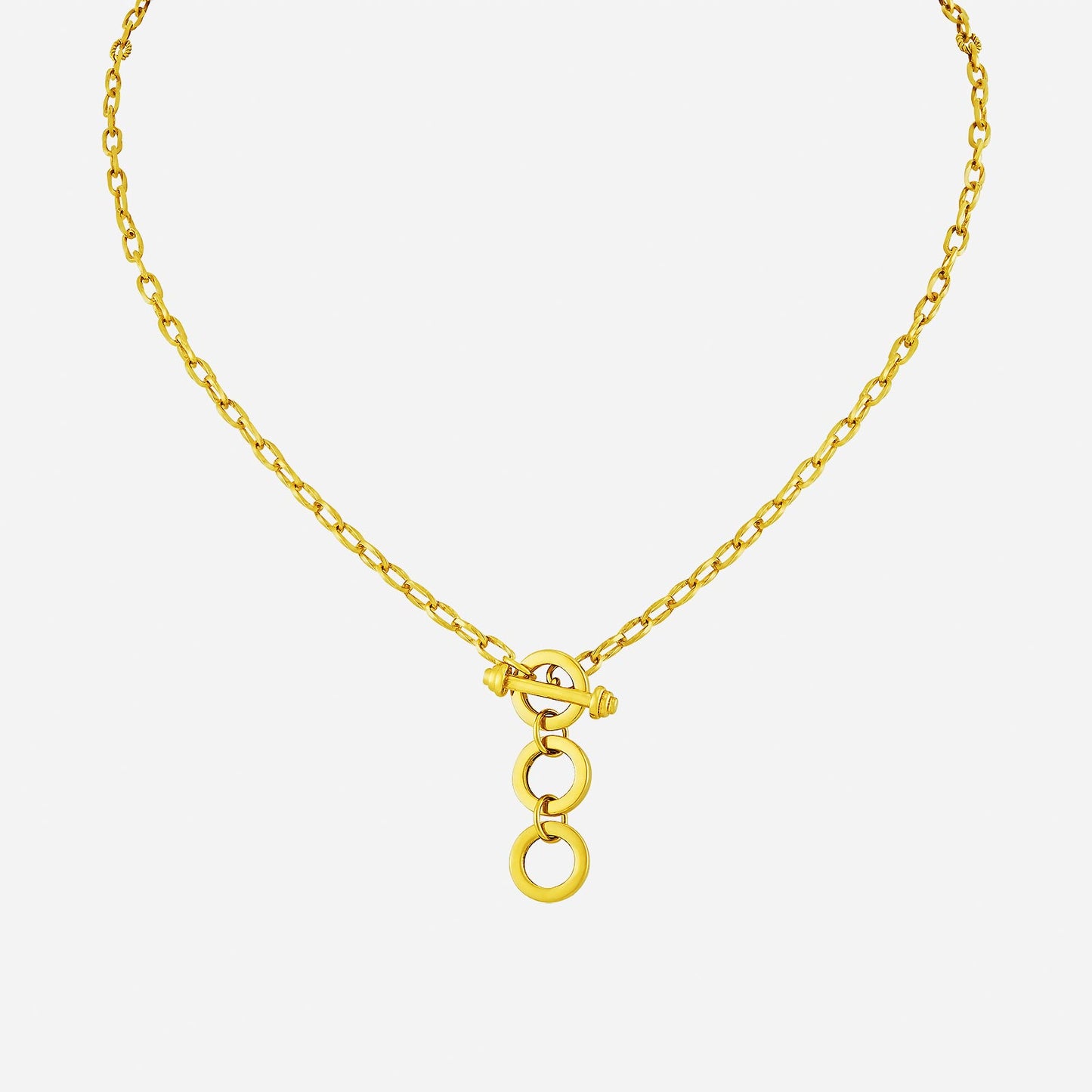 deux belle bar chain necklace in 22k yellow gold with a sleek bar and trio of linked rings at the clasp. stylish and sculptural.