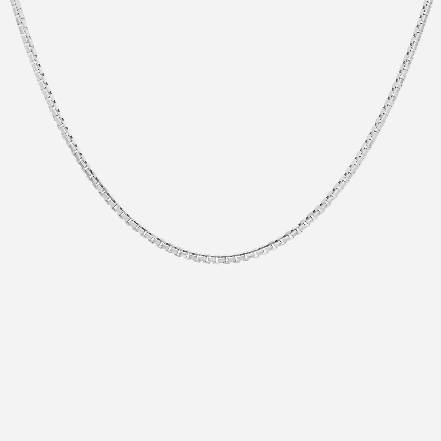 box chain necklace in 18k white gold with a sleek, modern design, perfect for versatile styling and everyday elegance.