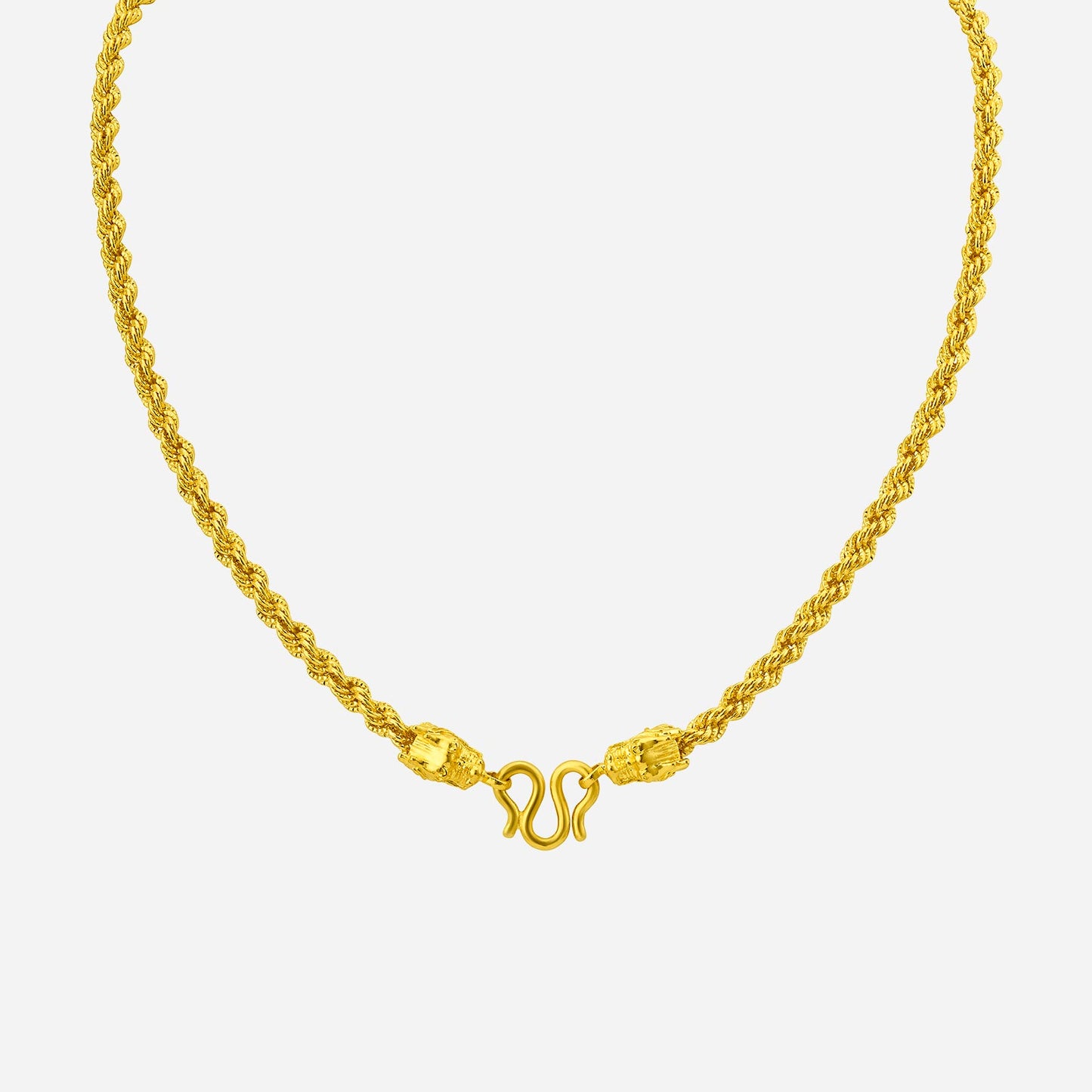 rope chain necklace in 24k yellow gold with intricate texture and lion head clasp design.