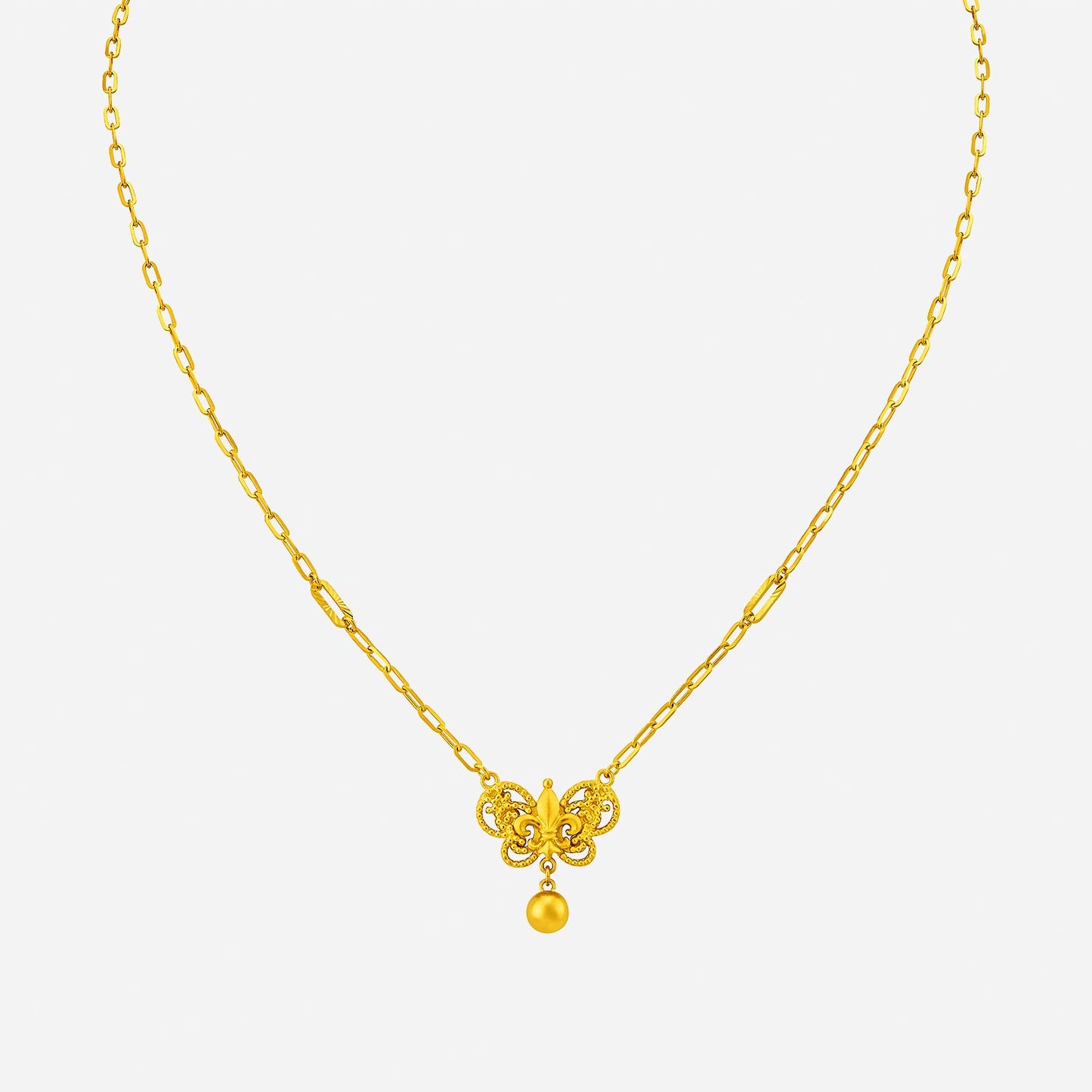 fleur de lis necklace in 24k yellow gold featuring a butterfly design and a hanging gold sphere.