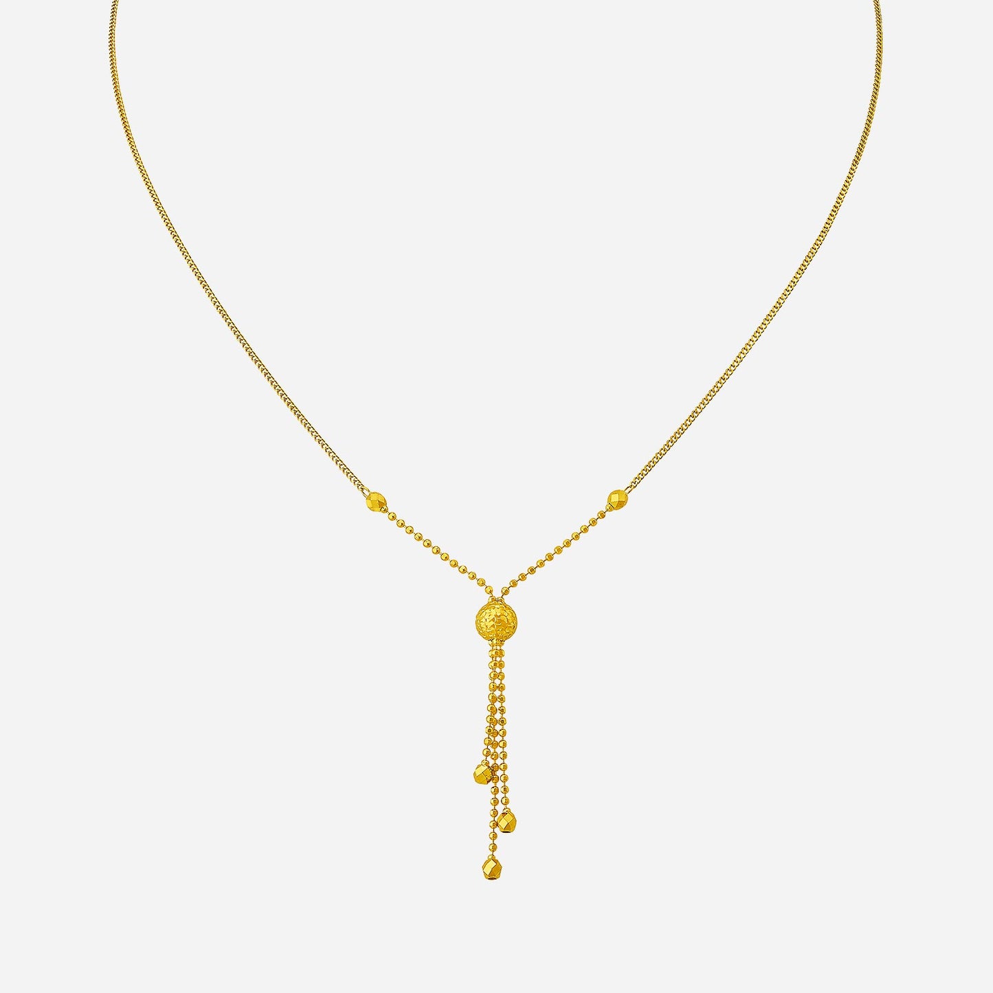 dangling beaded necklace in 24k yellow gold with a lariat design featuring shimmering beads and a central pendant.