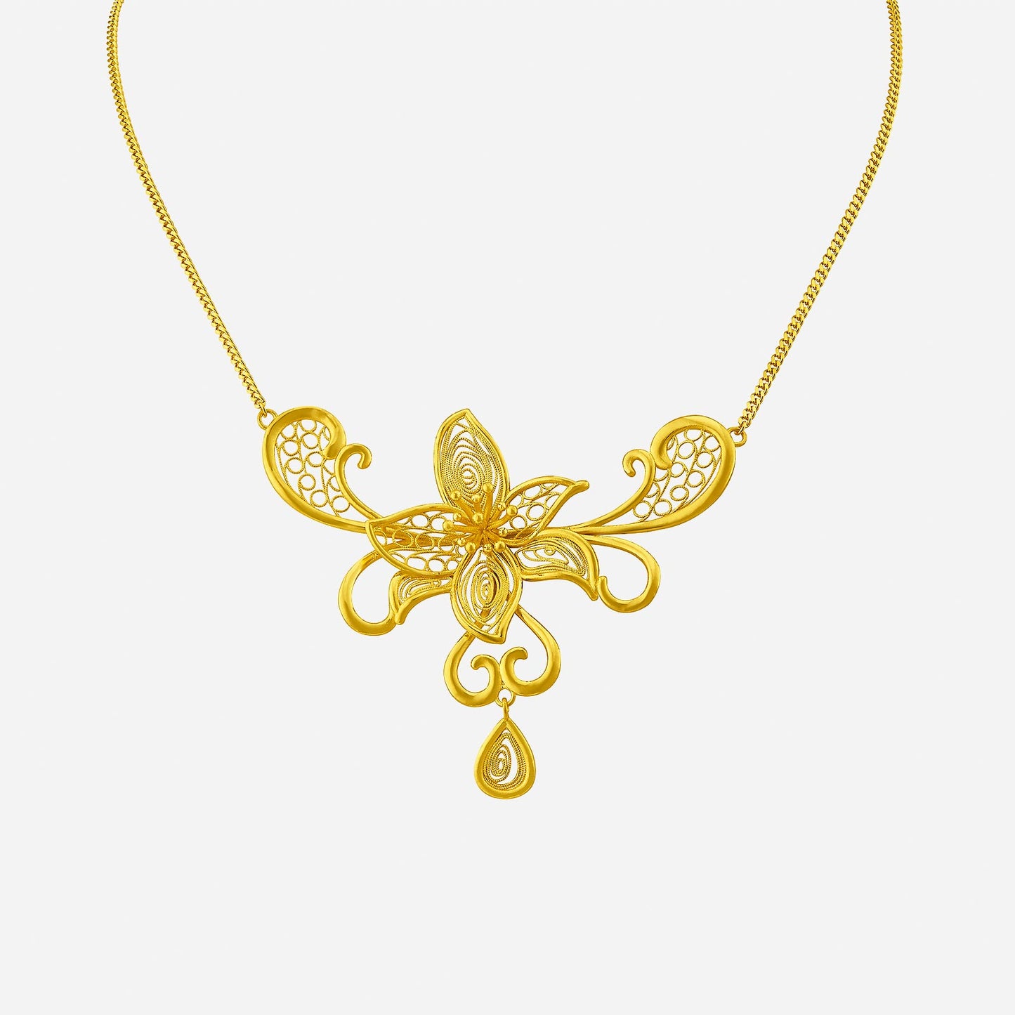 periwinkle necklace in 24k yellow gold featuring delicate floral design and intricate details. ideal for elegant occasions.