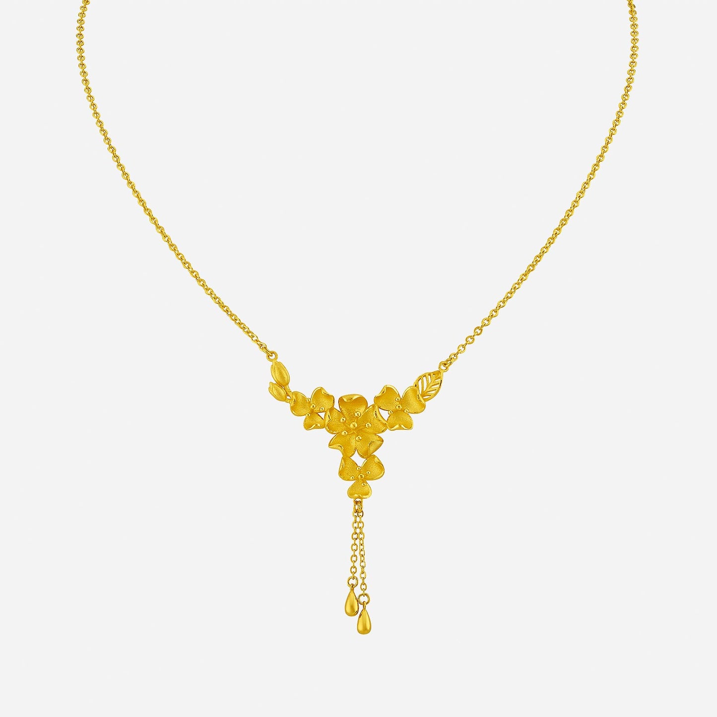 nemophila necklace in 24k yellow gold featuring floral design with dangling accents, perfect for romantic occasions.