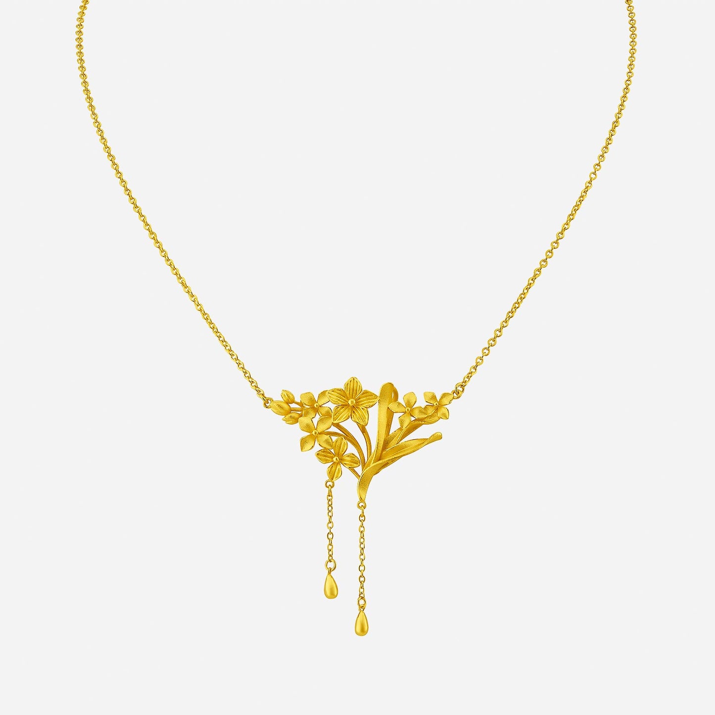 myosotis necklace in 24k yellow gold featuring floral design with dangling elements and delicate blooms.