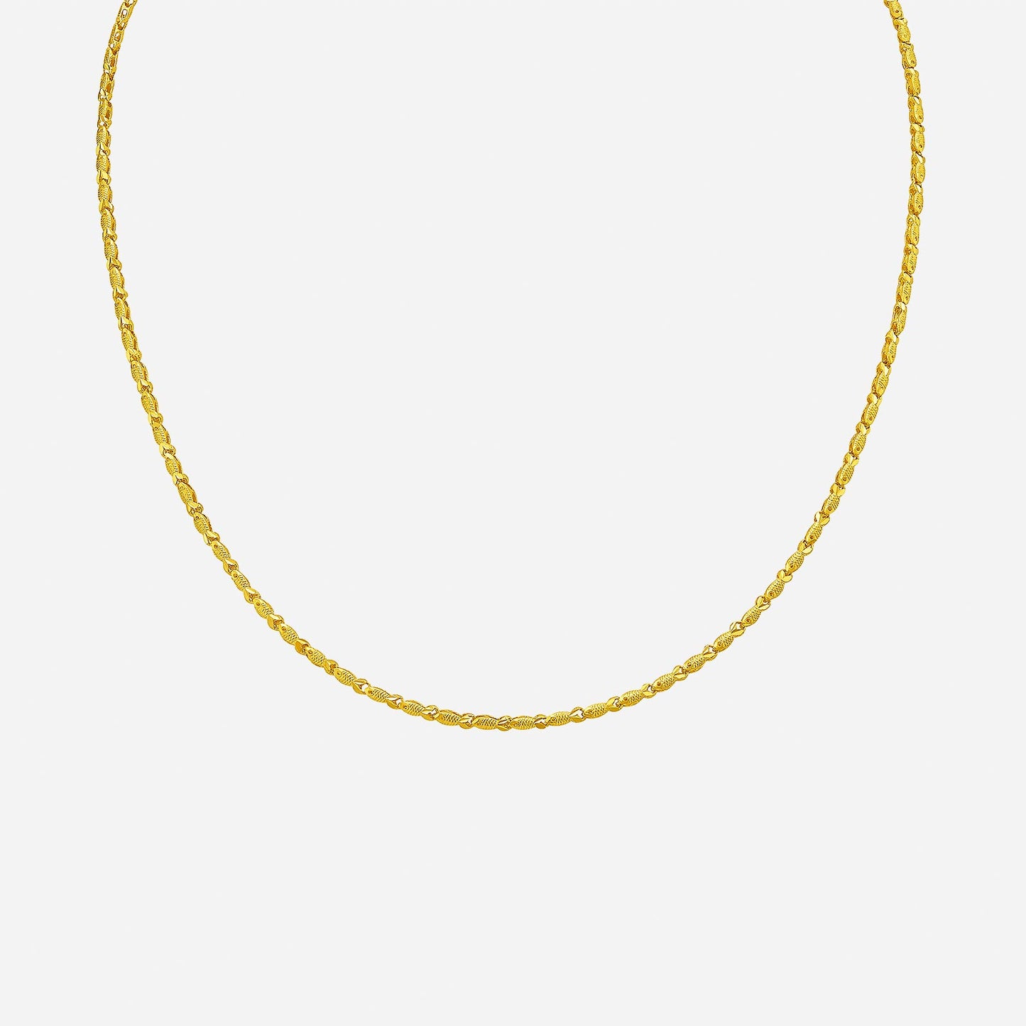 pisces link chain necklace in 24k yellow gold with interlocking links resembling swimming fish design.