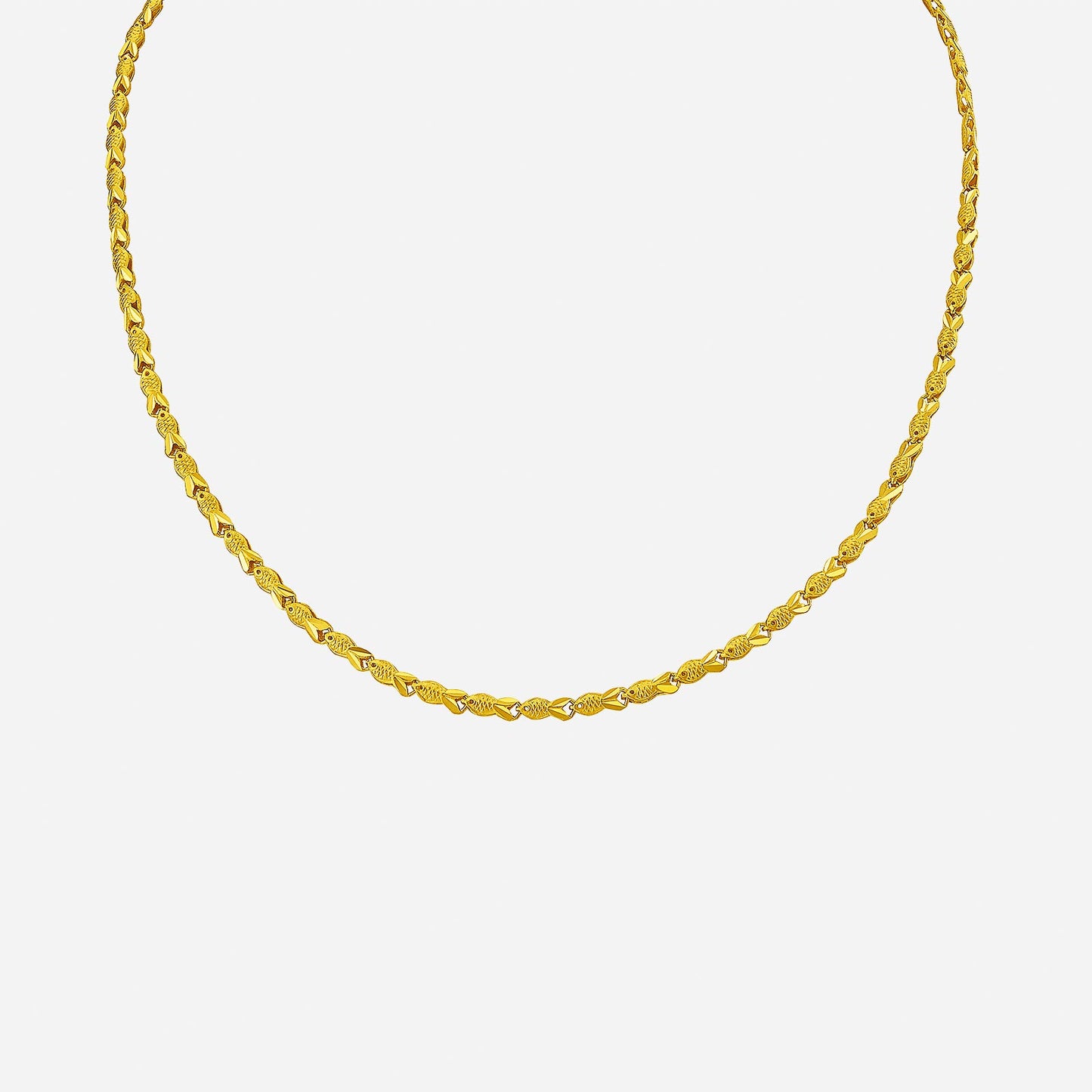 24k yellow gold pisces link chain necklace with intricate fish-shaped links, elegant and timeless design.