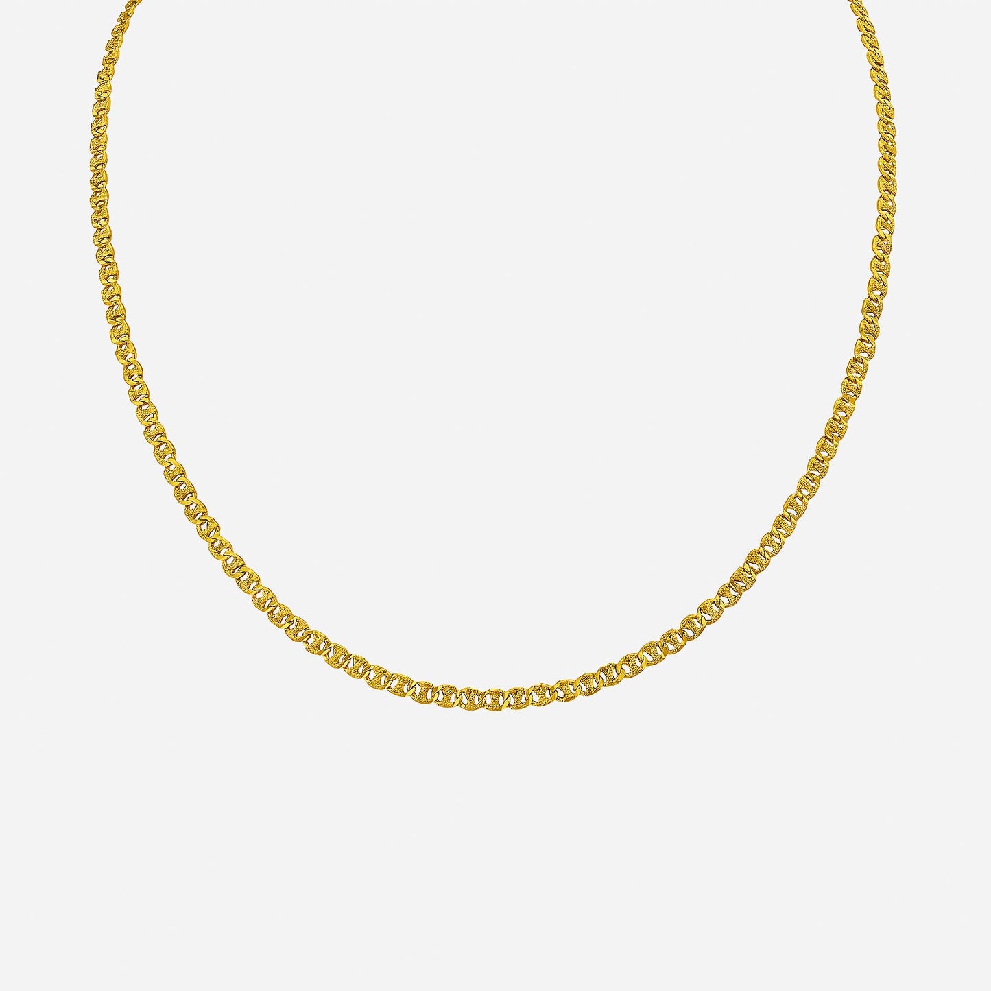 flat mariner chain necklace in 24k yellow gold, sleek design with a 0.9mm thickness, perfect for any occasion.